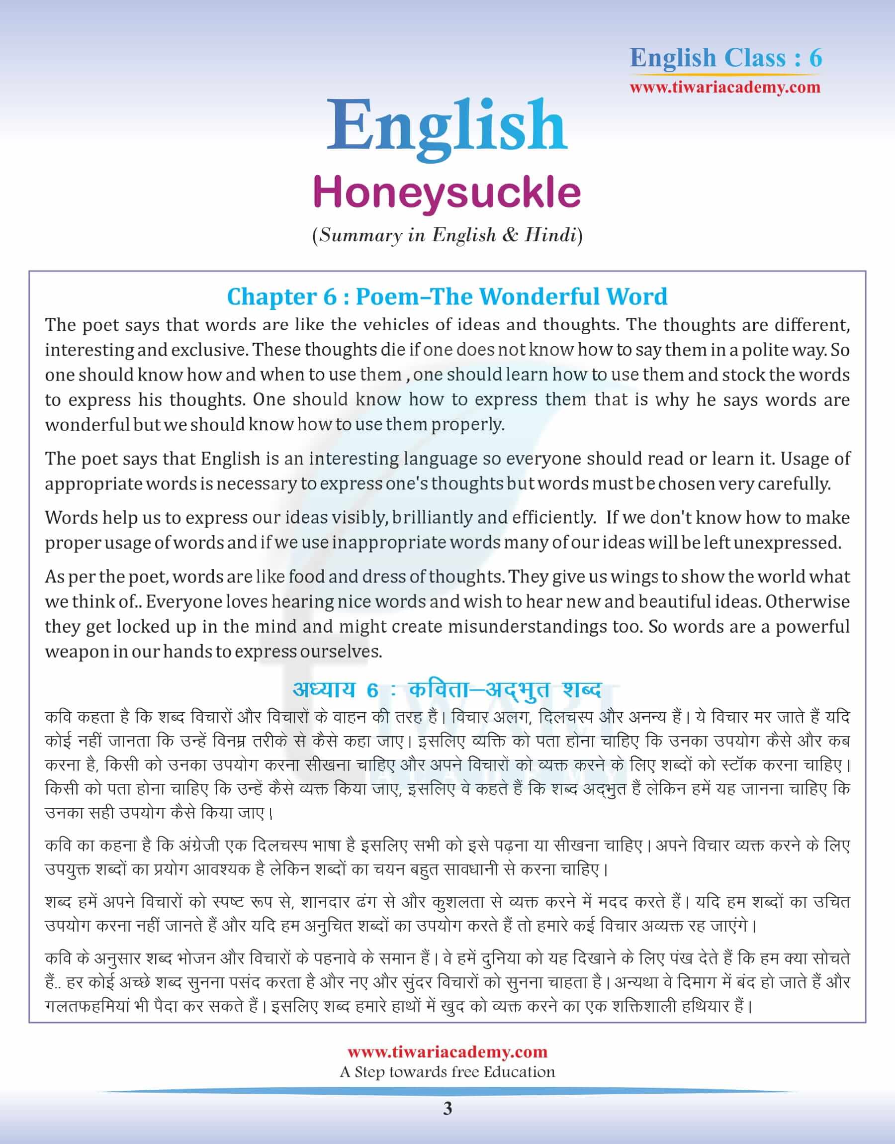 Class 6 English Chapter 6 Summary in Hindi and English