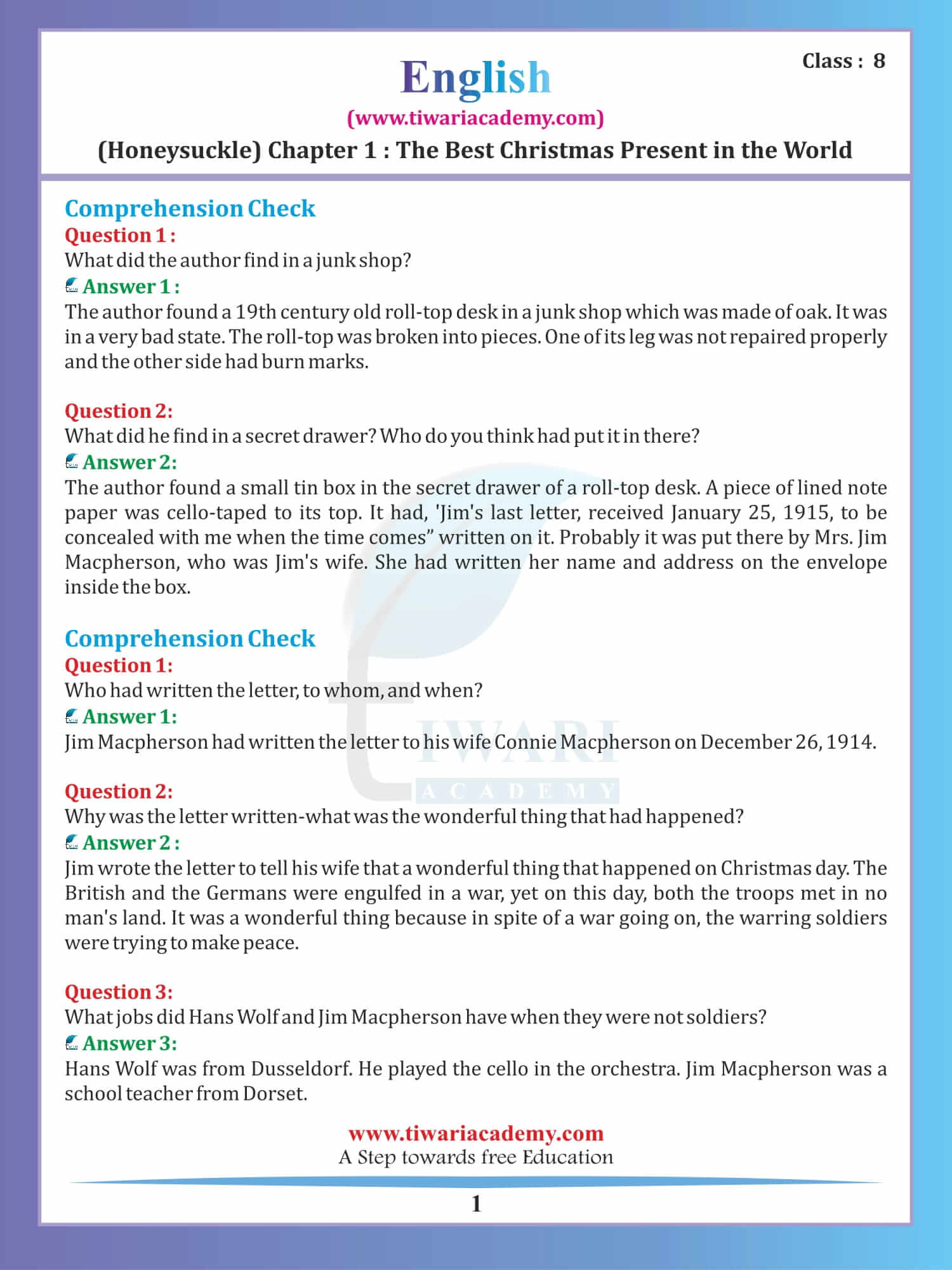 Class 8 English Honeydew Chapter 1 The Best Christmas Present in the World