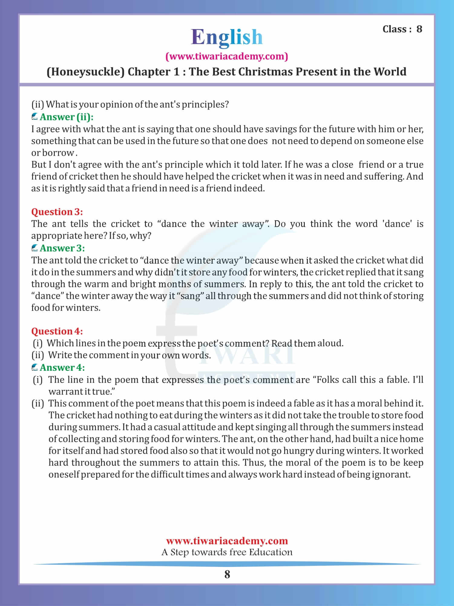 Class 8 English Honeydew Chapter 1 free solutions