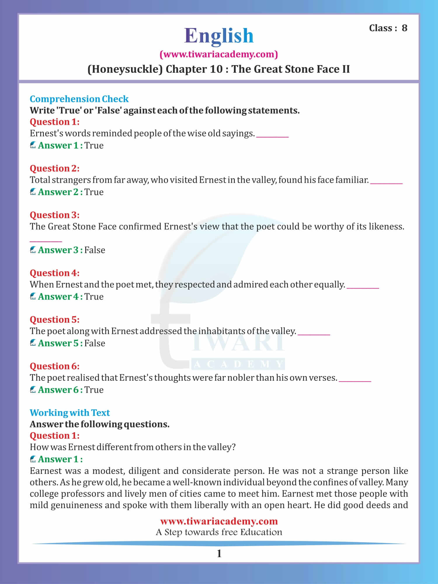 Class 8 English Honeydew Chapter 10 The Great Stone Face - II