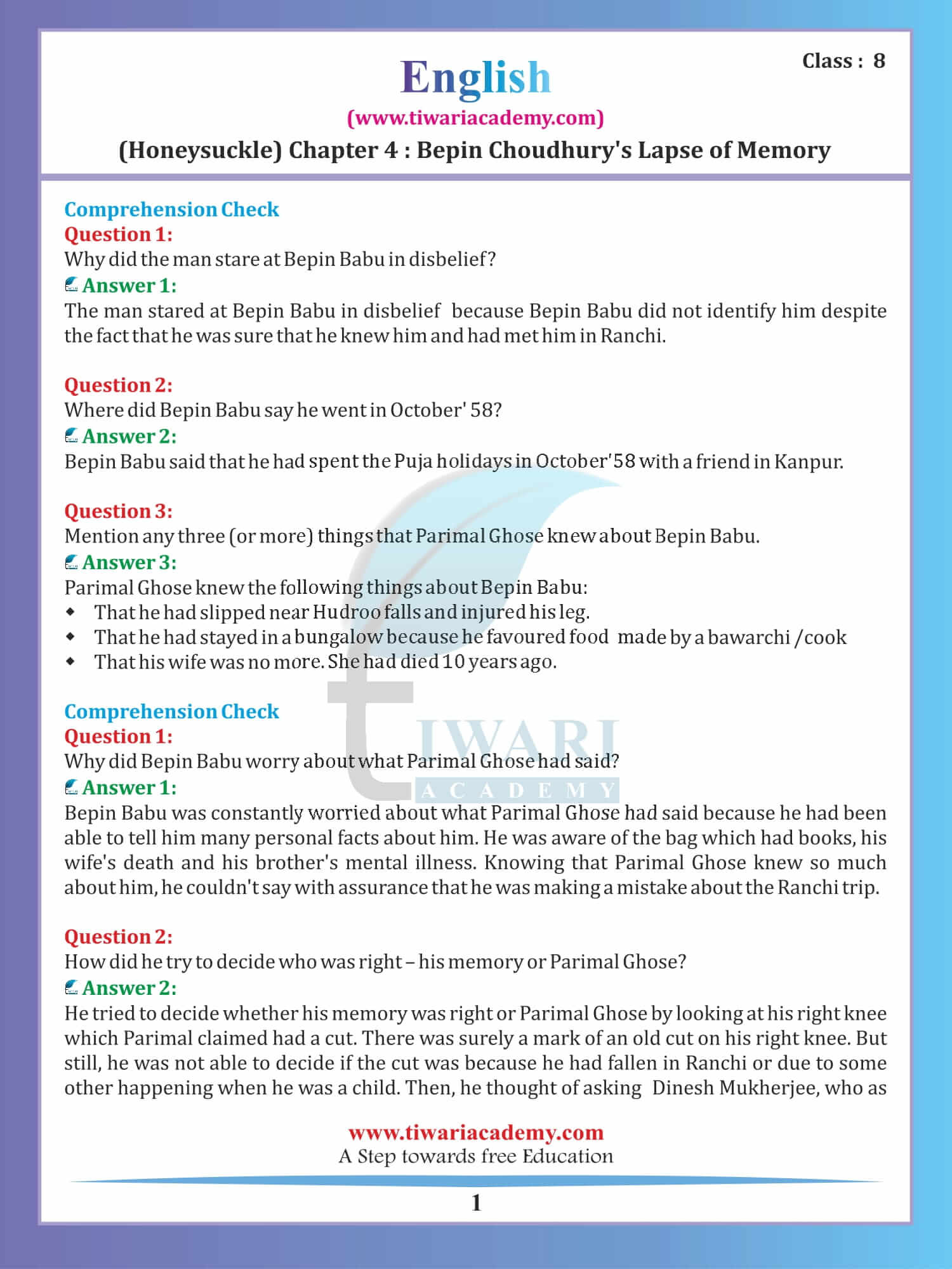 Class 8 English Honeydew Chapter 4 Bepin Chaudhury's Lapse of Memory