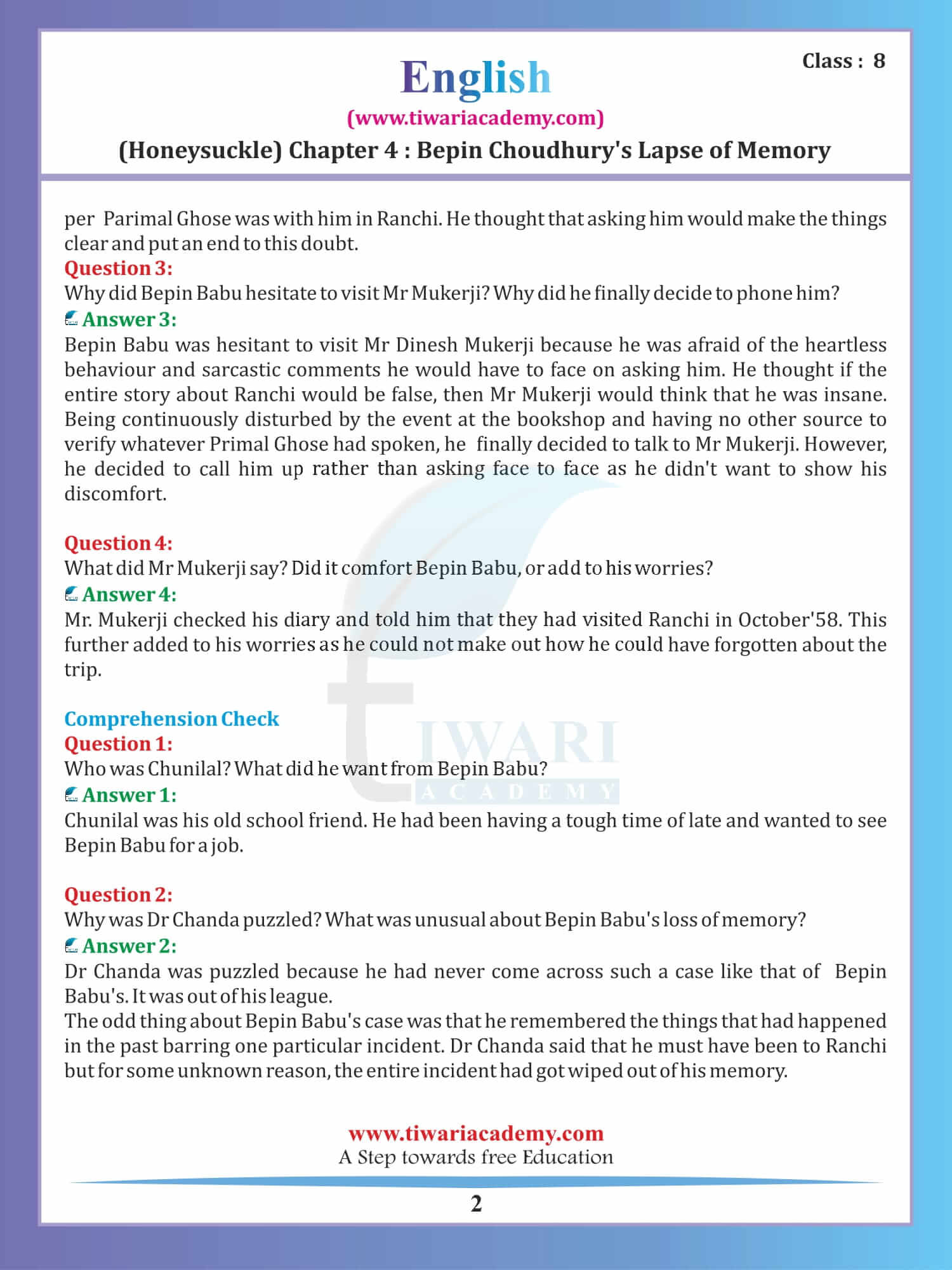 8th English Bepin Chaudhury's Lapse of Memory