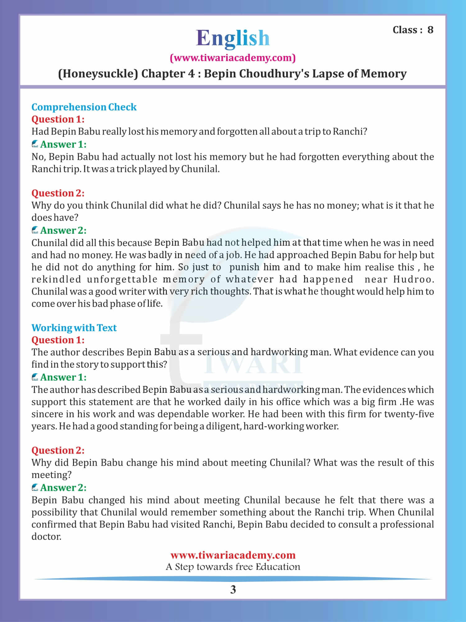 Class 8 English Honeydew Chapter 4 qustion answers