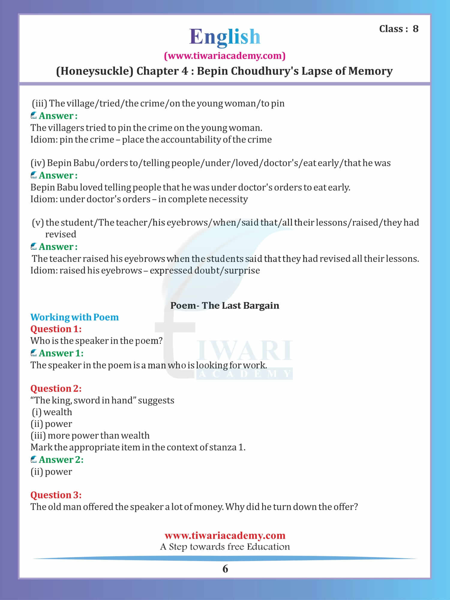 Class 8 English Honeydew Chapter 4 Bipin