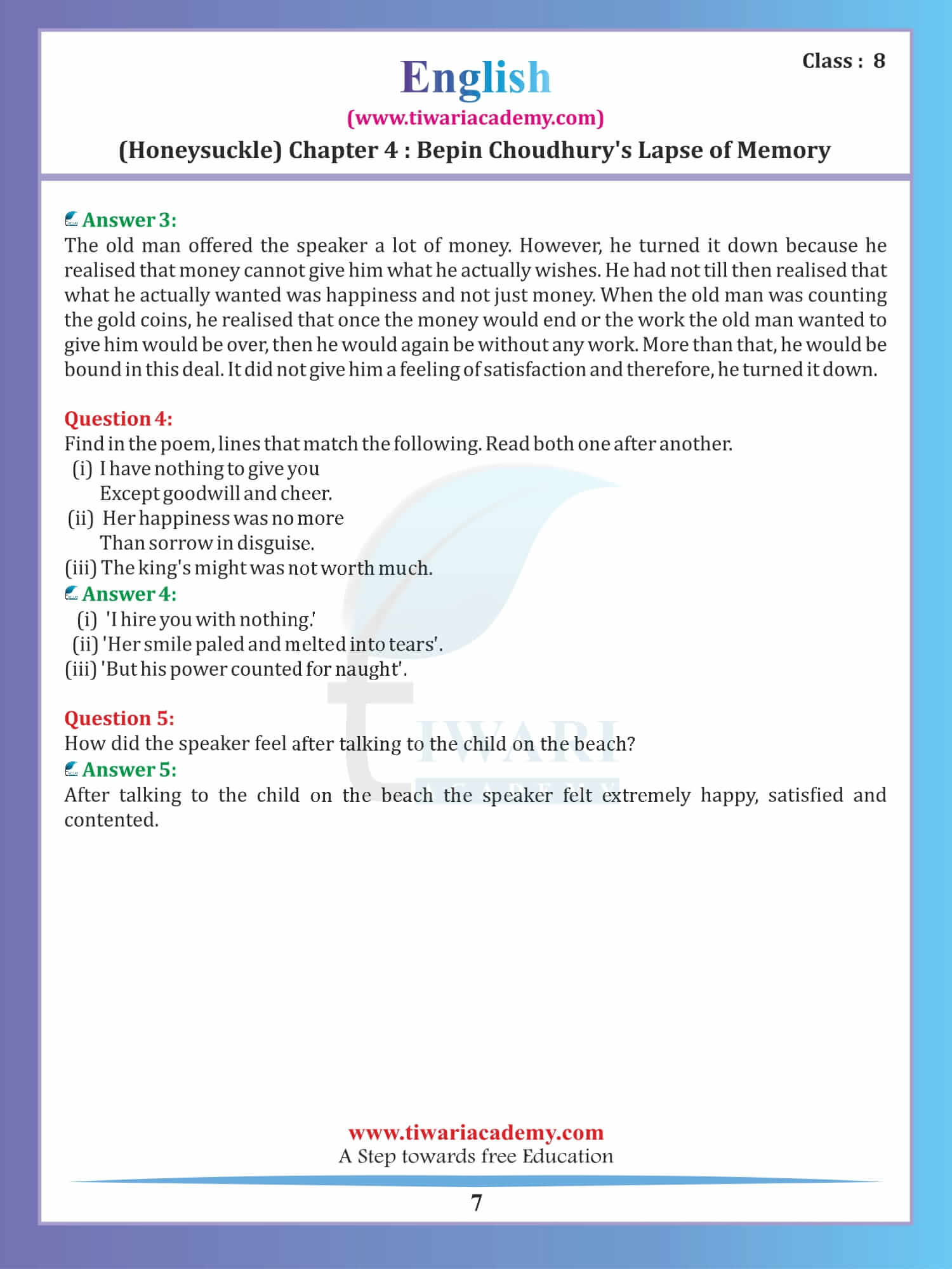 Class 8 English Honeydew Chapter 4 all answers