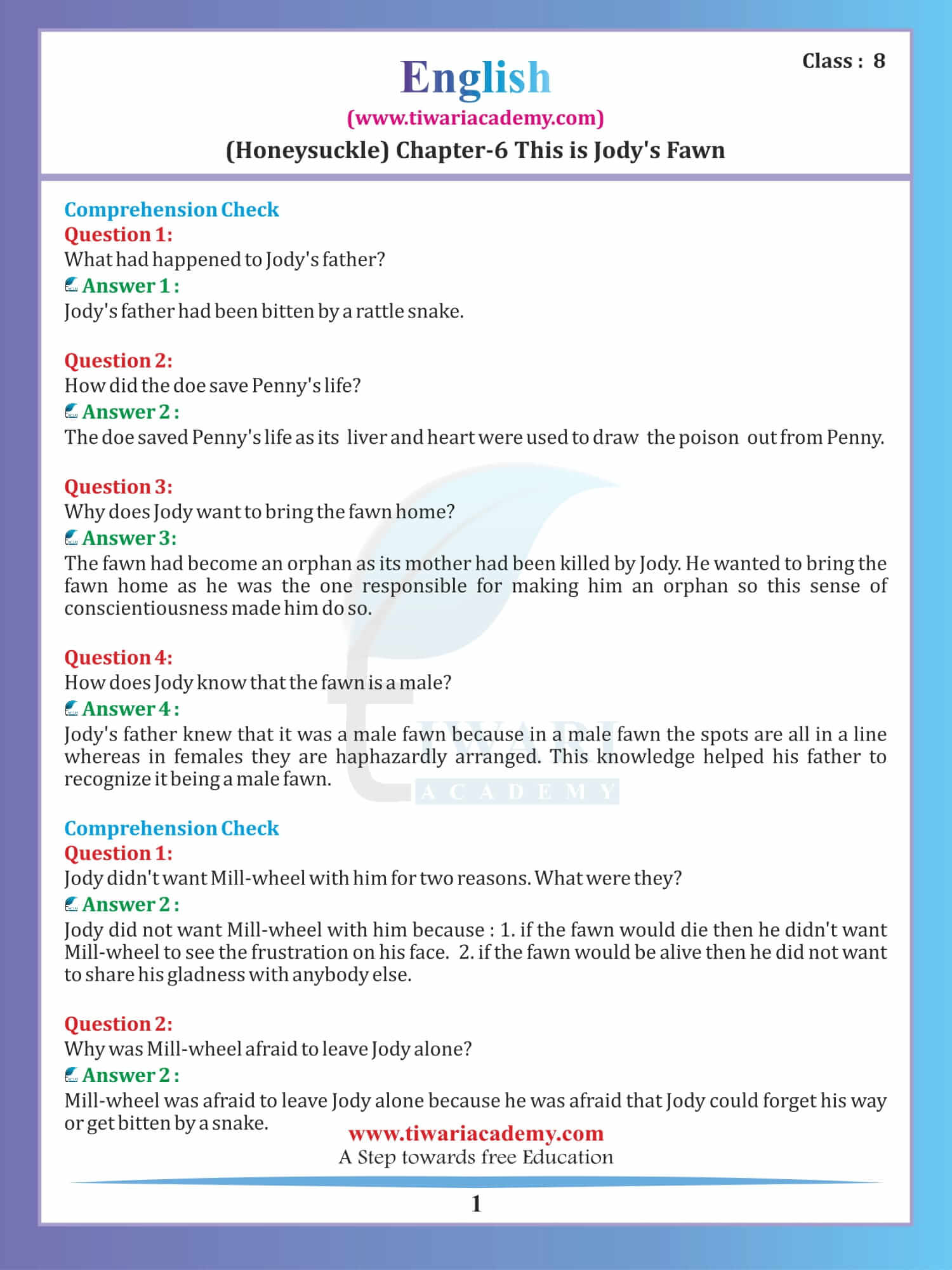 Class 8 English Honeydew Chapter 6 This is Jody's Faun