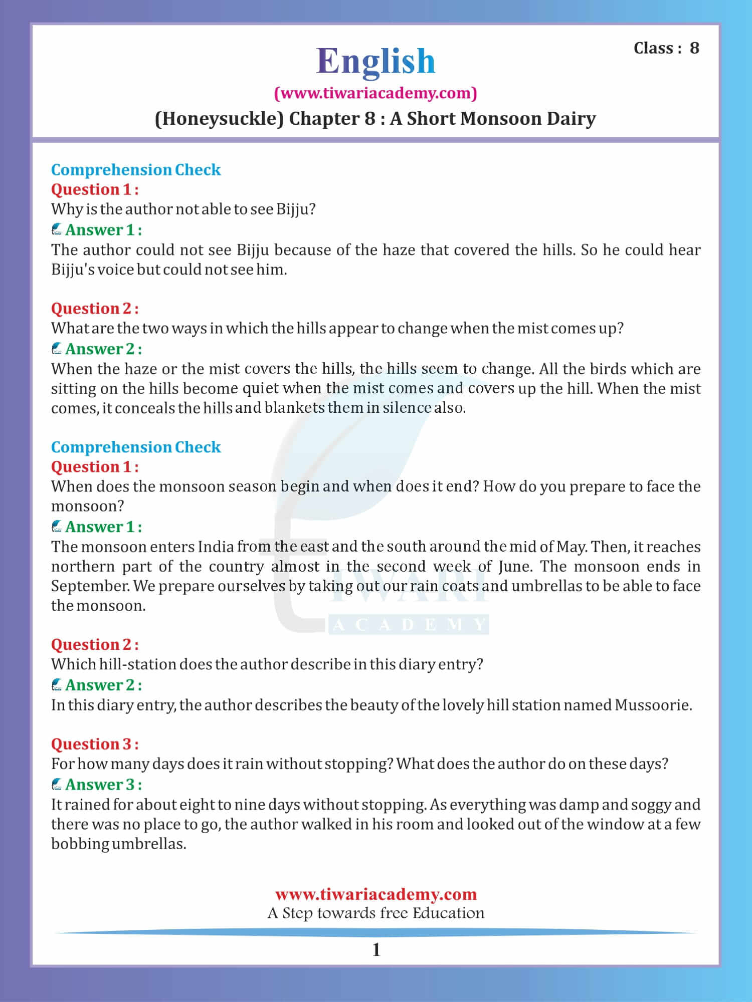 Class 8 English Honeydew Chapter 8 A Short Monsoon Diary