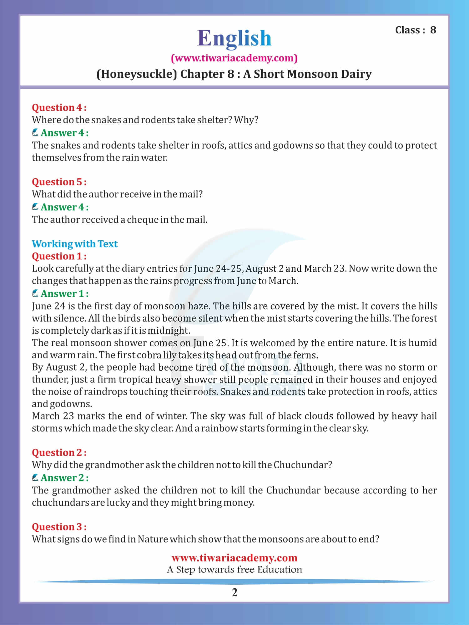 8th English solutions A Short Monsoon Diary