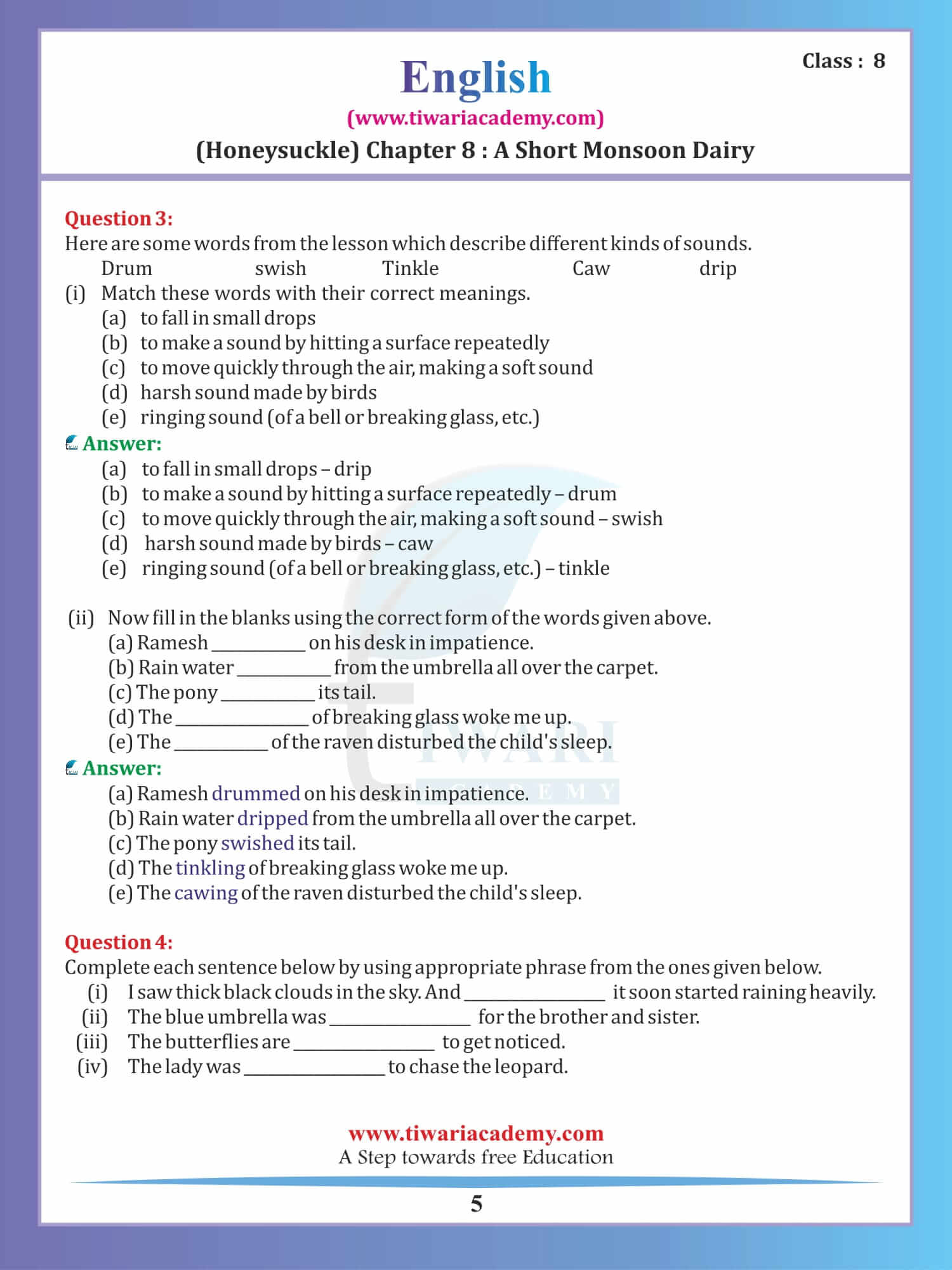 Class 8 English Honeydew Chapter 8 Question answers