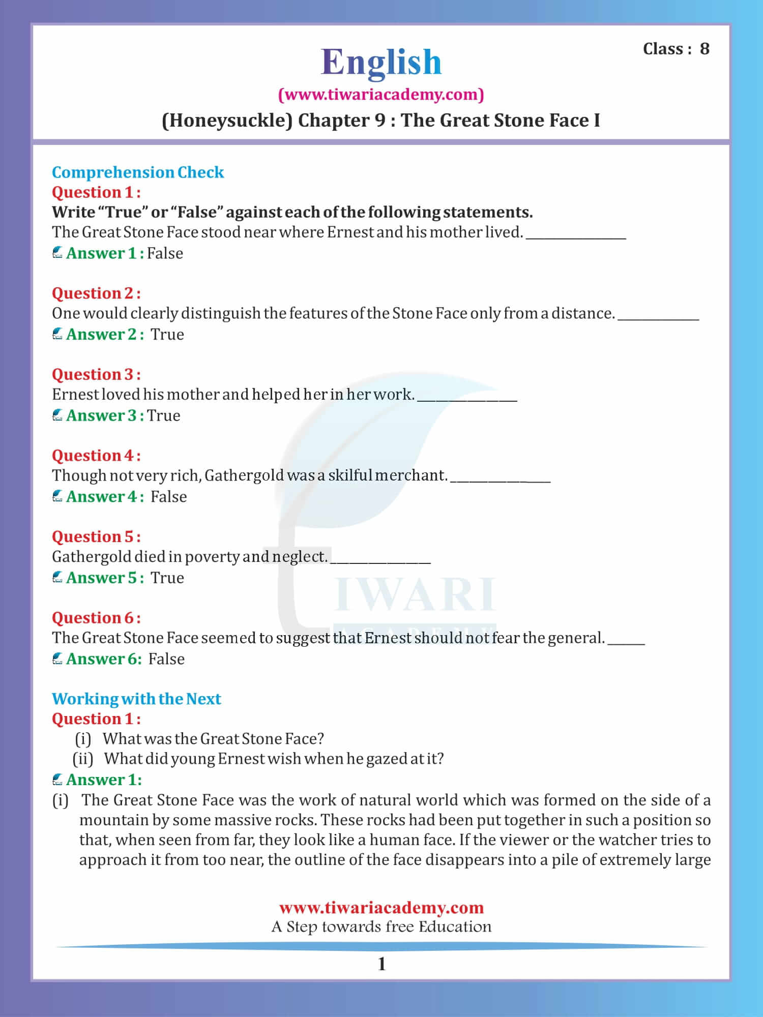 Class 8 English Honeydew Chapter 9 The Great Stone Face - I
