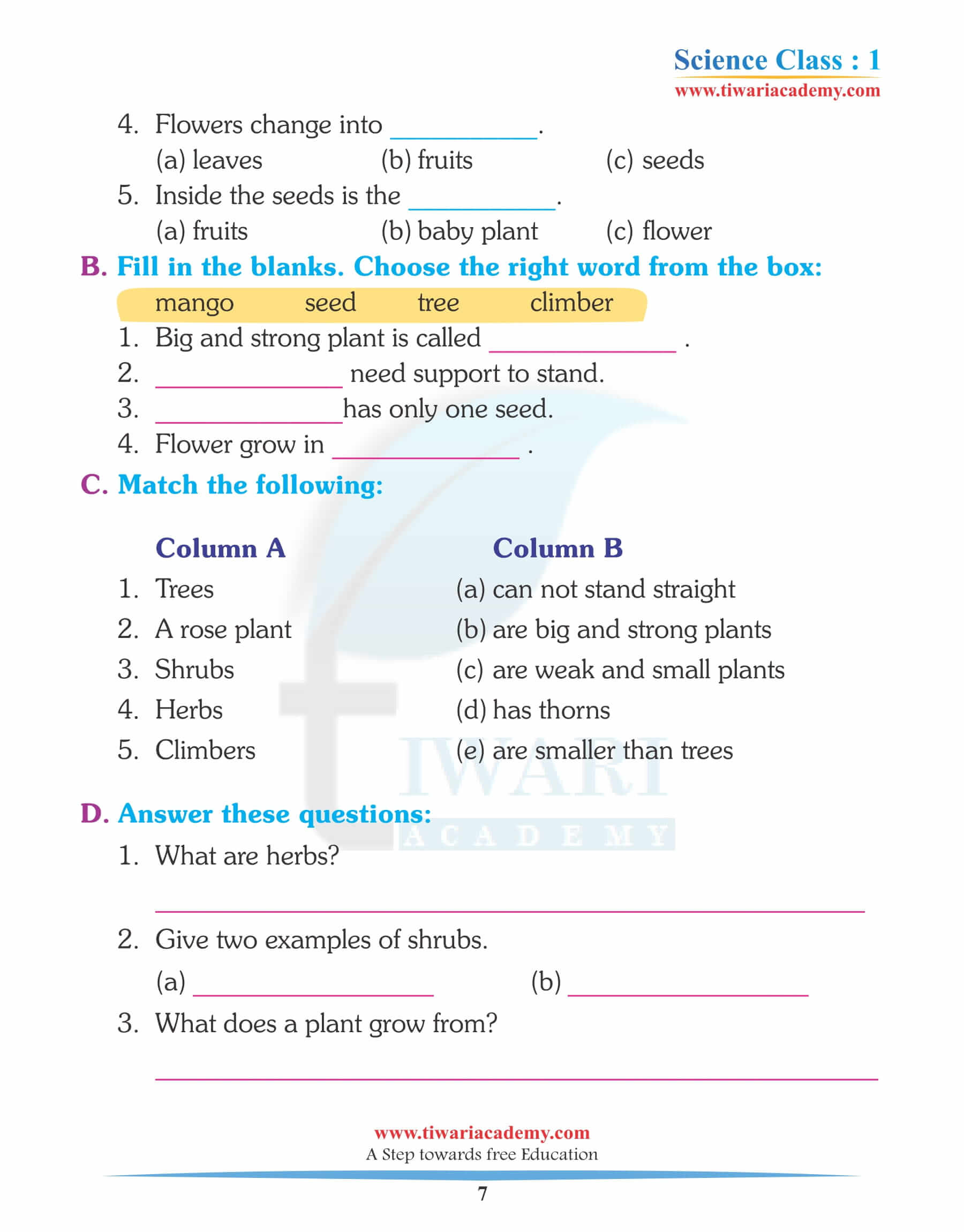 Class 1 Science Chapter 1 Answers