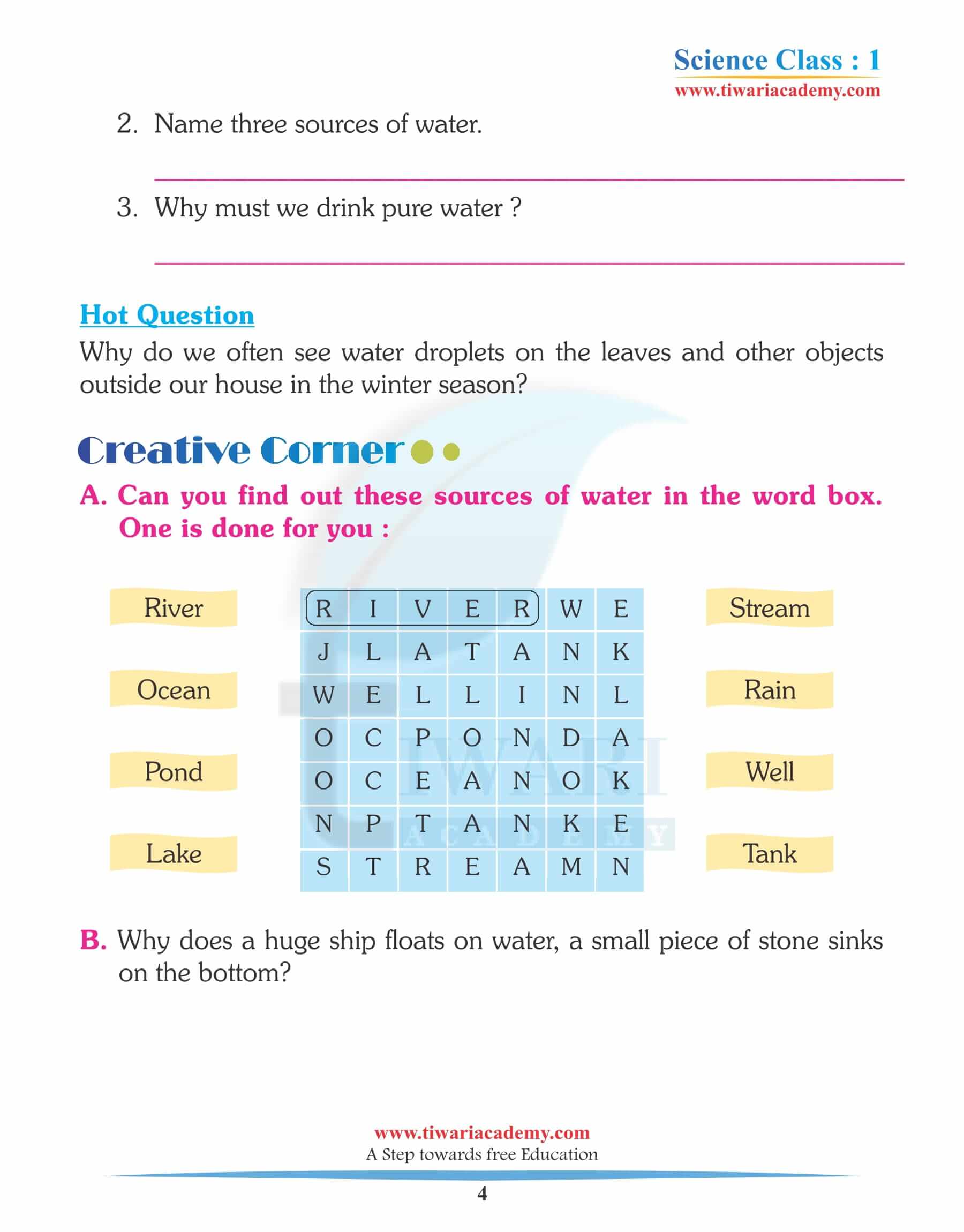 Standard 1: Grade 1 Evs:- Ch-10 WATER N.B Work.