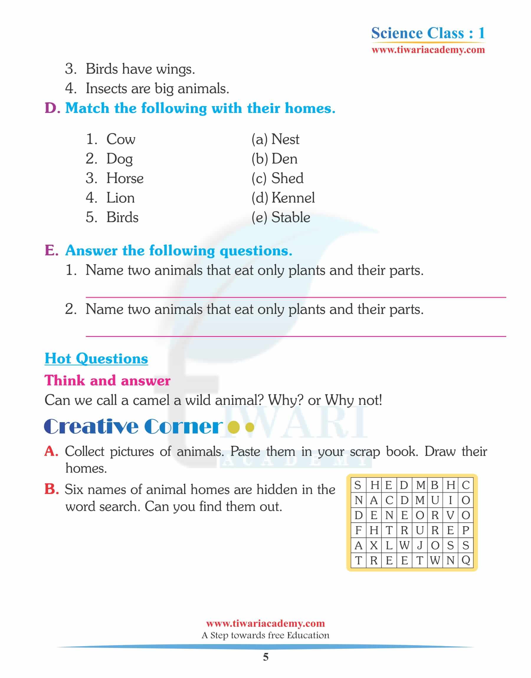 Class 1 Science Chapter 4 Food and Shelter of Animals in PDF Download.