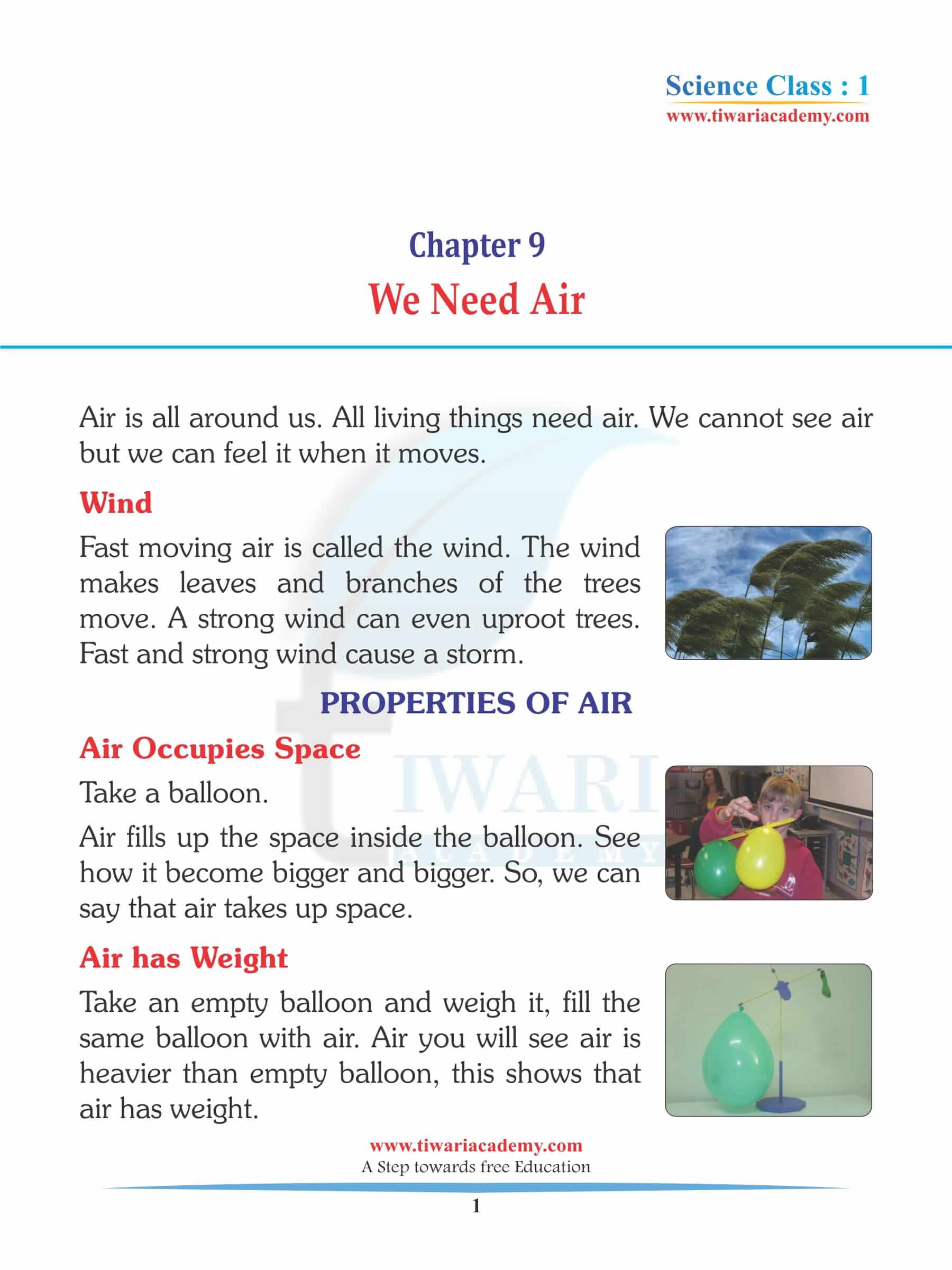 Class 1 Science Chapter 9 We Need Air Solutions