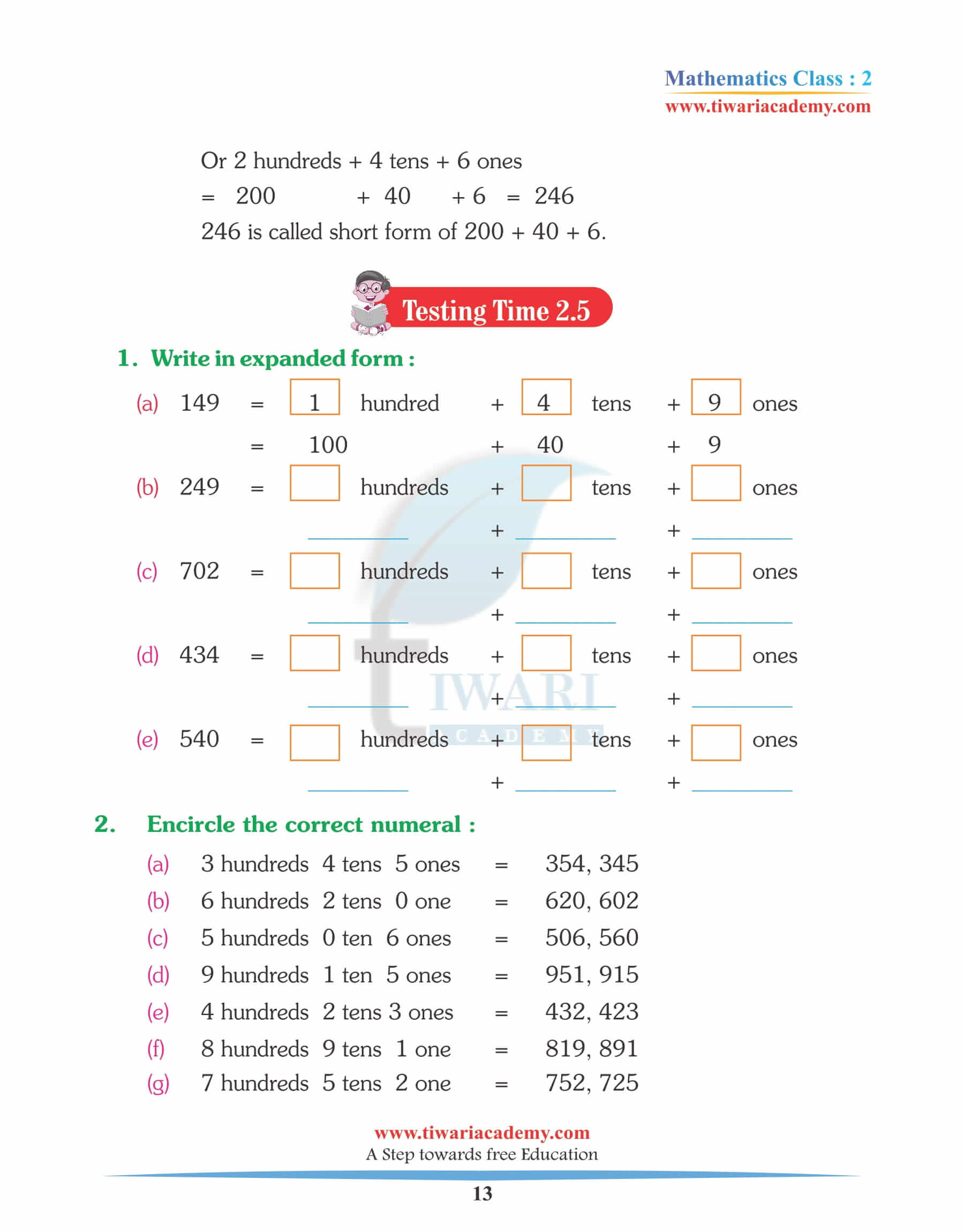 Grade 2 Maths Chapter 2 Assignments