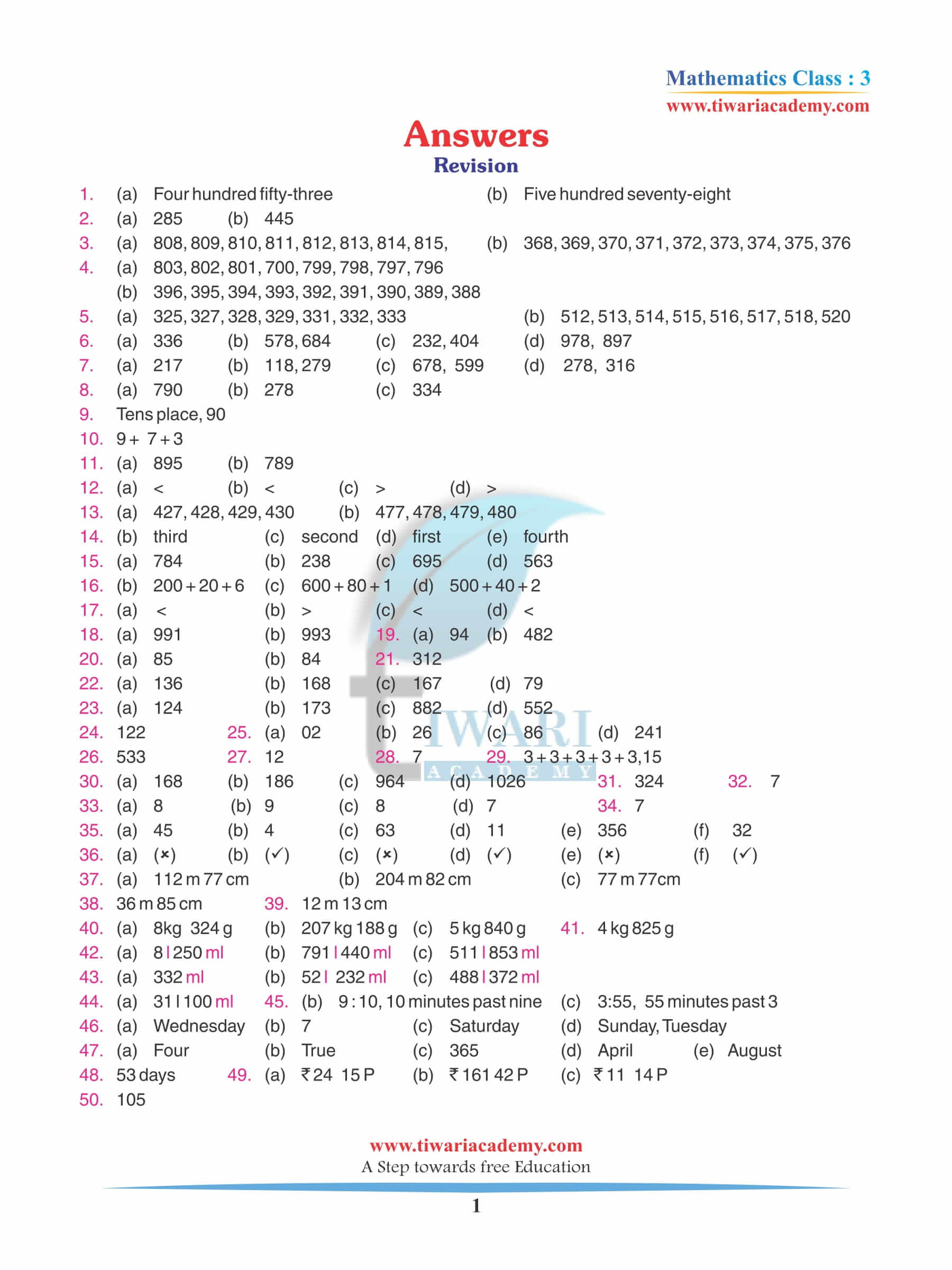 Class 3 Maths Chapter 1 Revision Book Answers