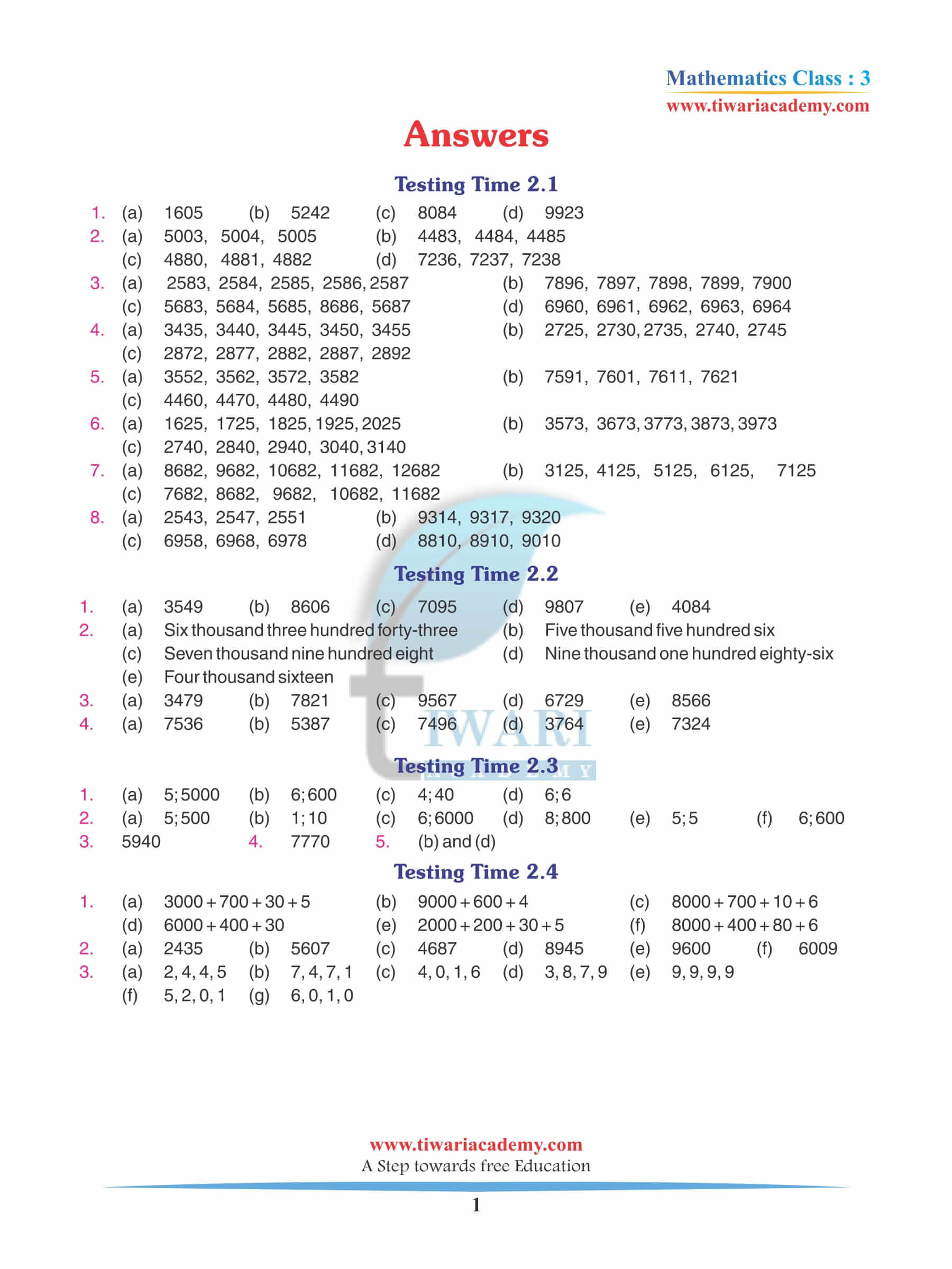 Class 3 Maths Chapter 2 Revision Book Answers