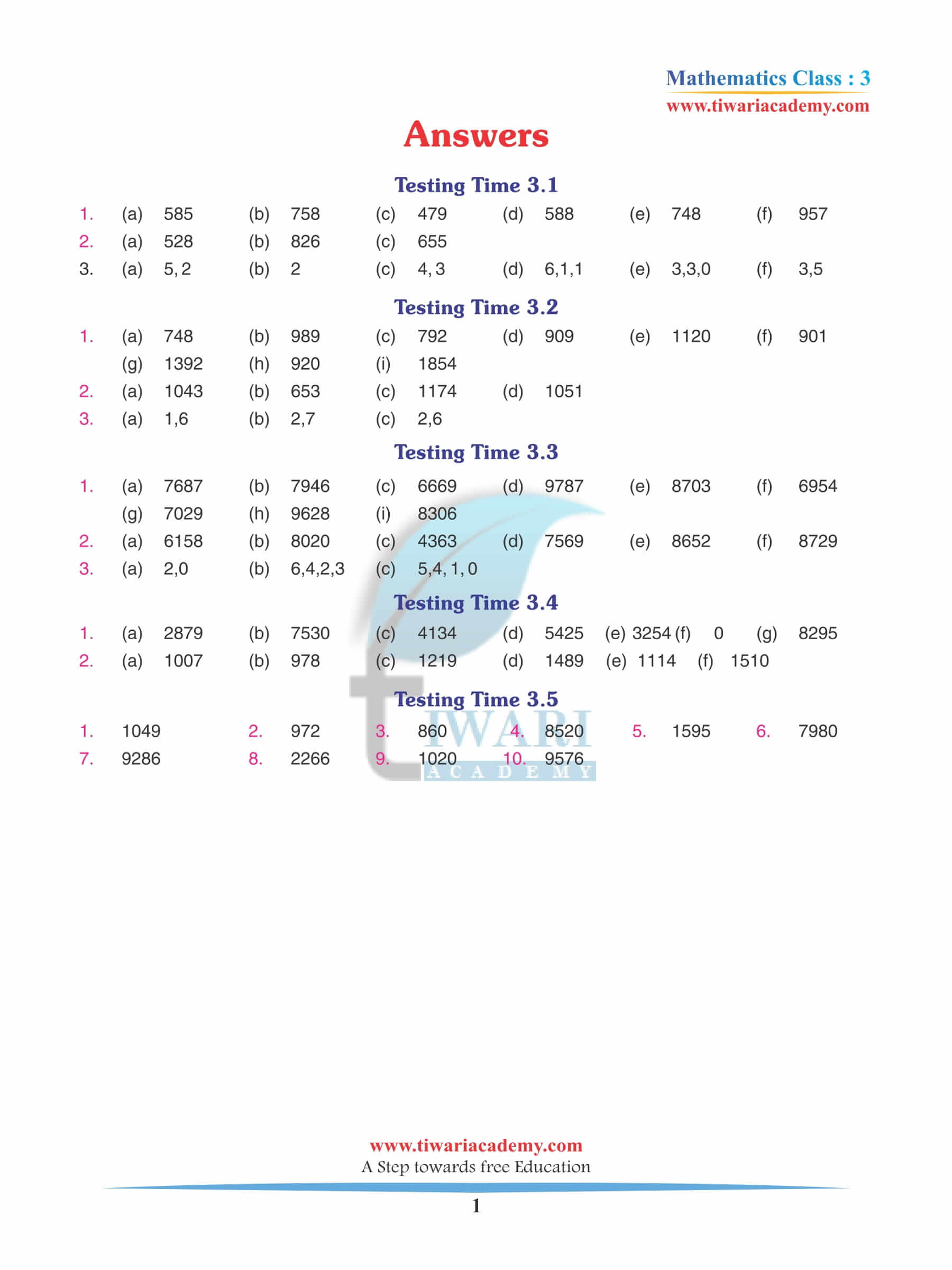 Class 3 Maths Chapter 3 Revision Book Answers