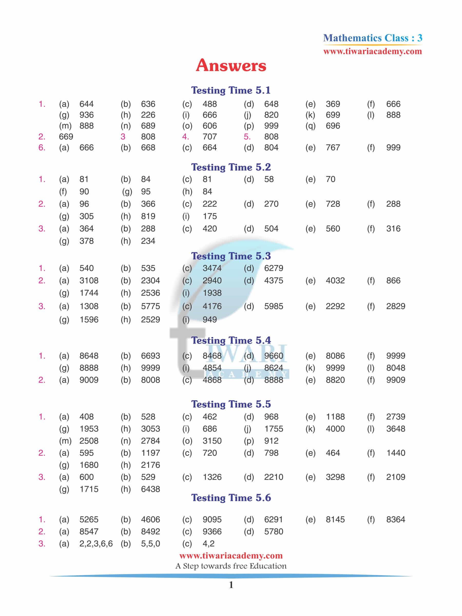 Class 3 Maths Chapter 5 Revision Book Answers