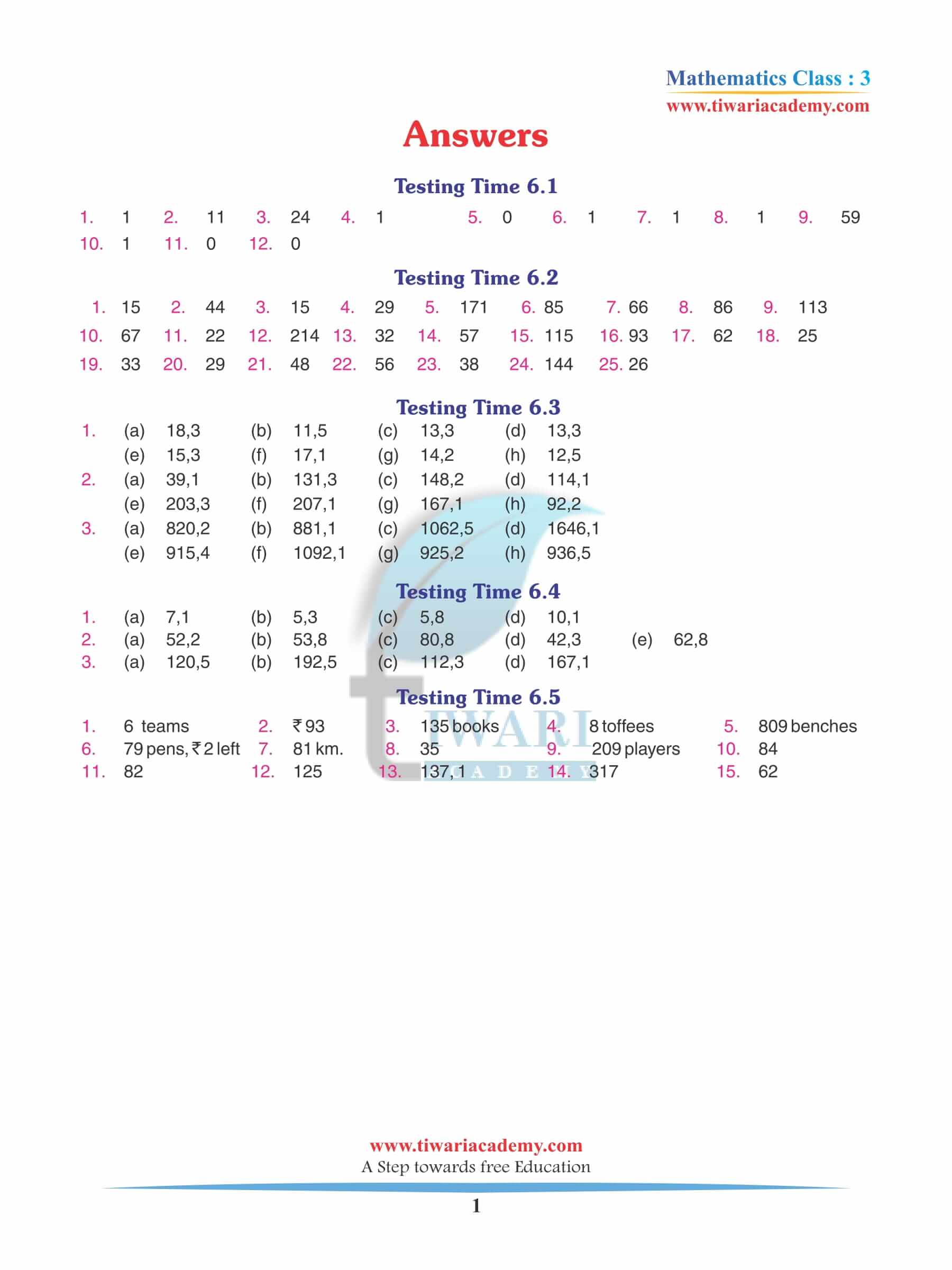 Class 3 Maths Chapter 6 Revision Book Answers