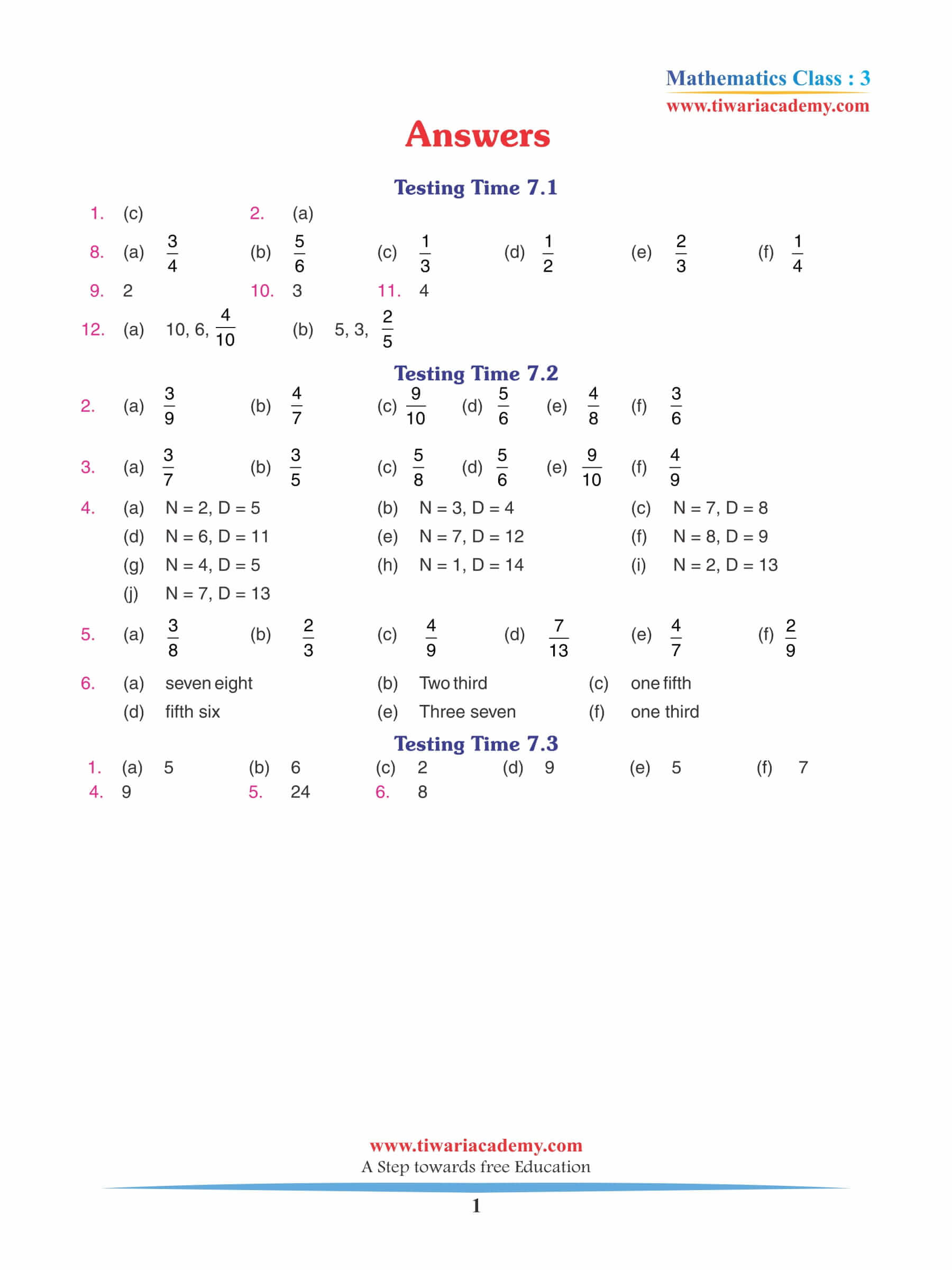 Class 3 Maths Chapter 7 Revision Book Answers