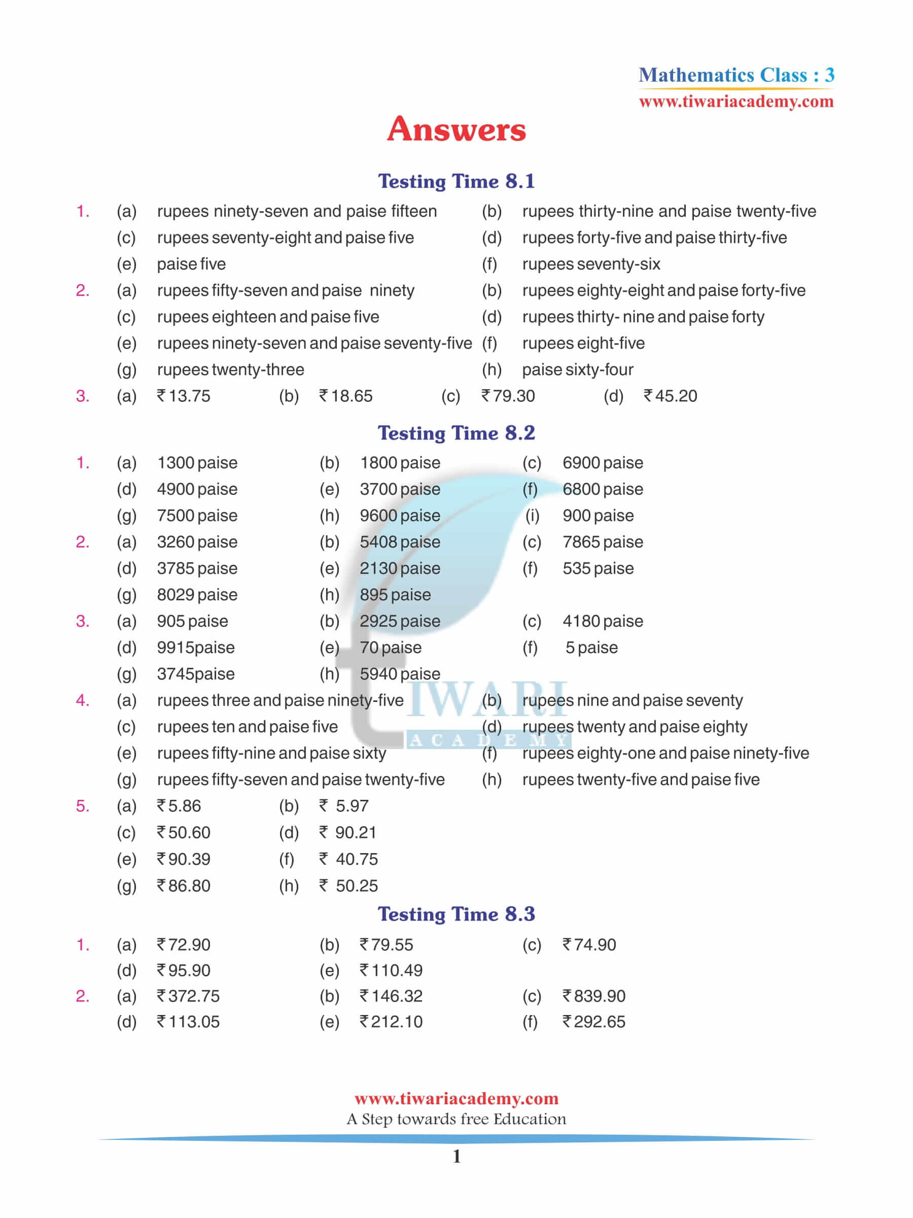 Class 3 Maths Chapter 8 Revision Book Answers