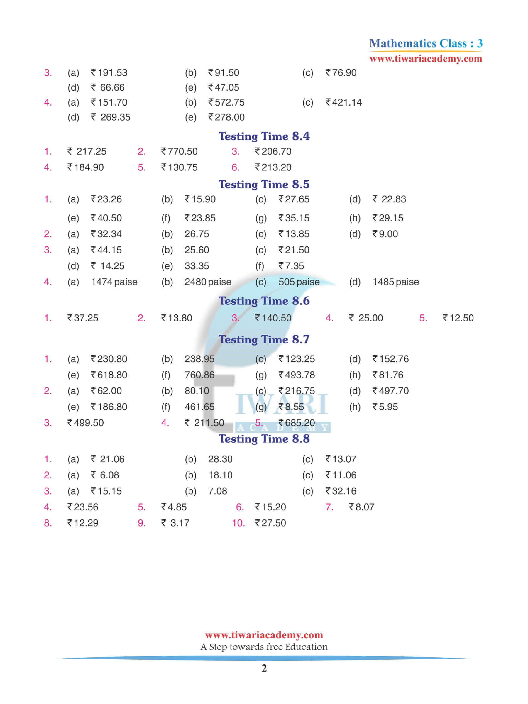 Class 3 Maths Chapter 8 Revision Book Answers in PDF