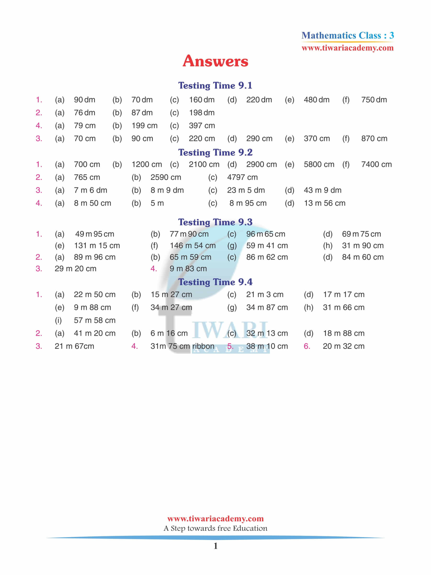 Class 3 Maths Chapter 9 Revision Book Answers