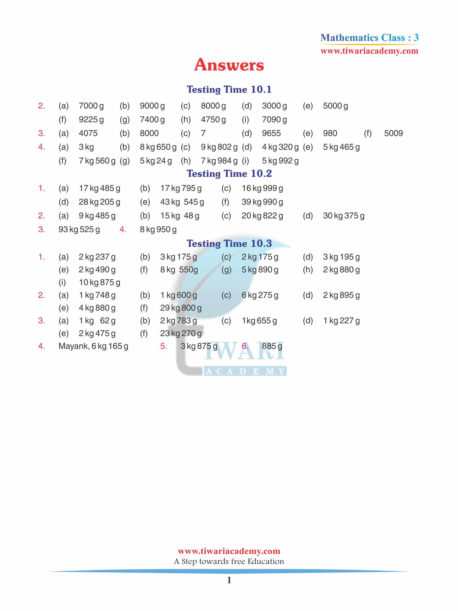 Class 3 Maths Chapter 10 Revision Book Answers