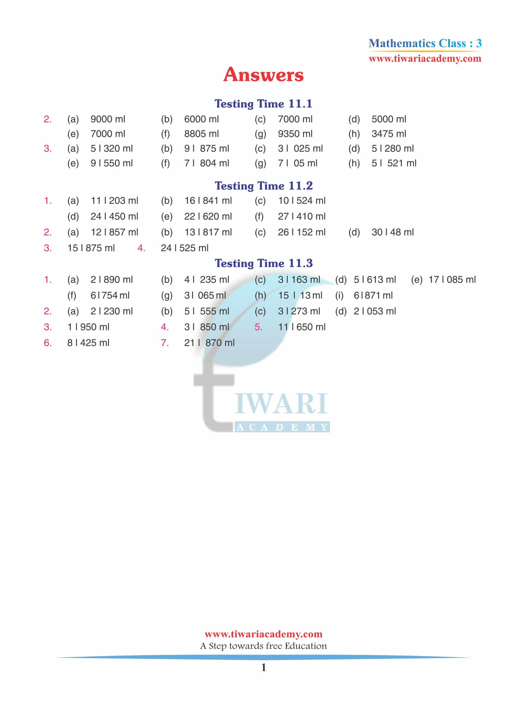 Class 3 Maths Chapter 11 Revision Book Answers