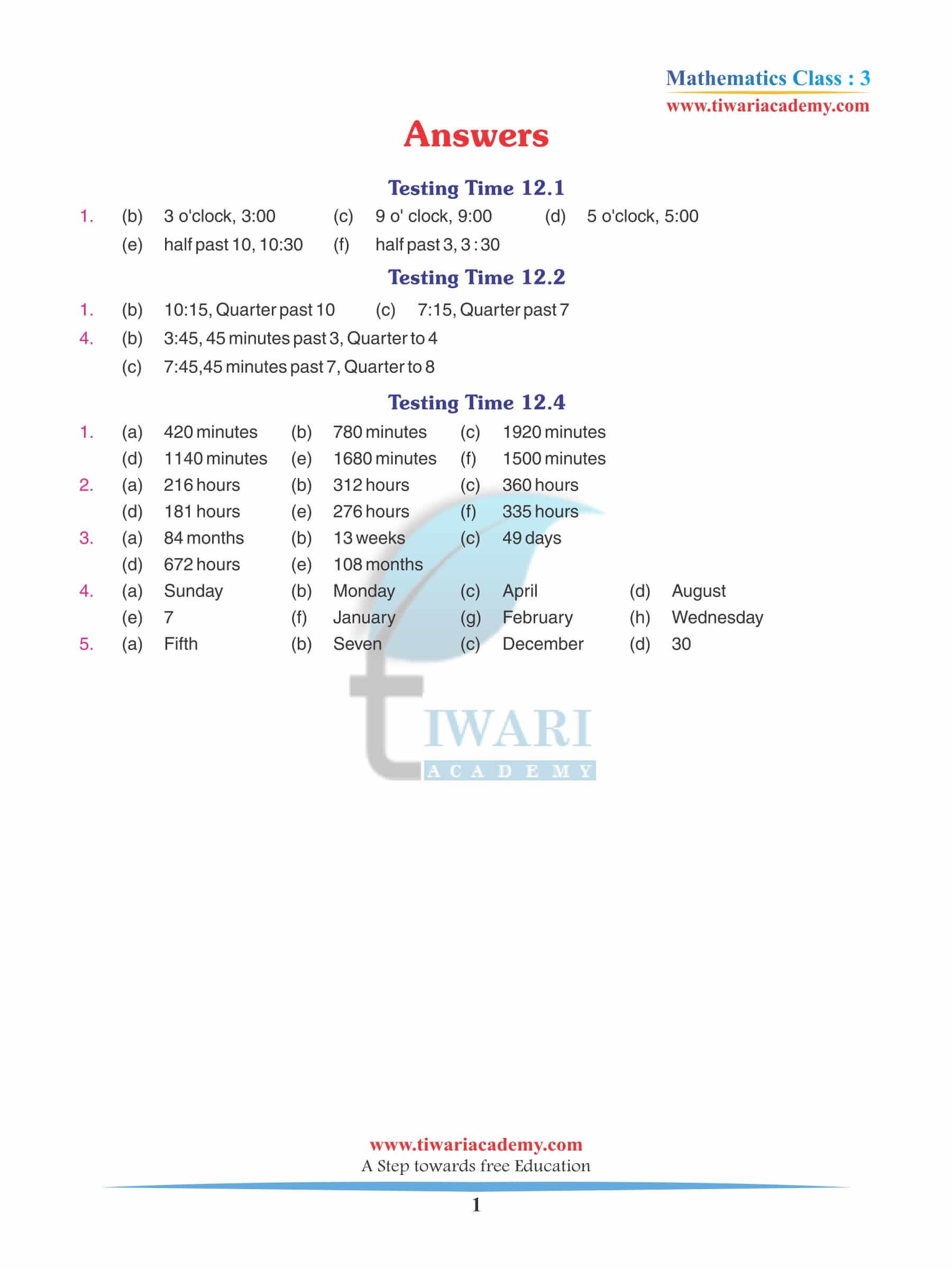 Class 3 Maths Chapter 12 Revision Book Answers