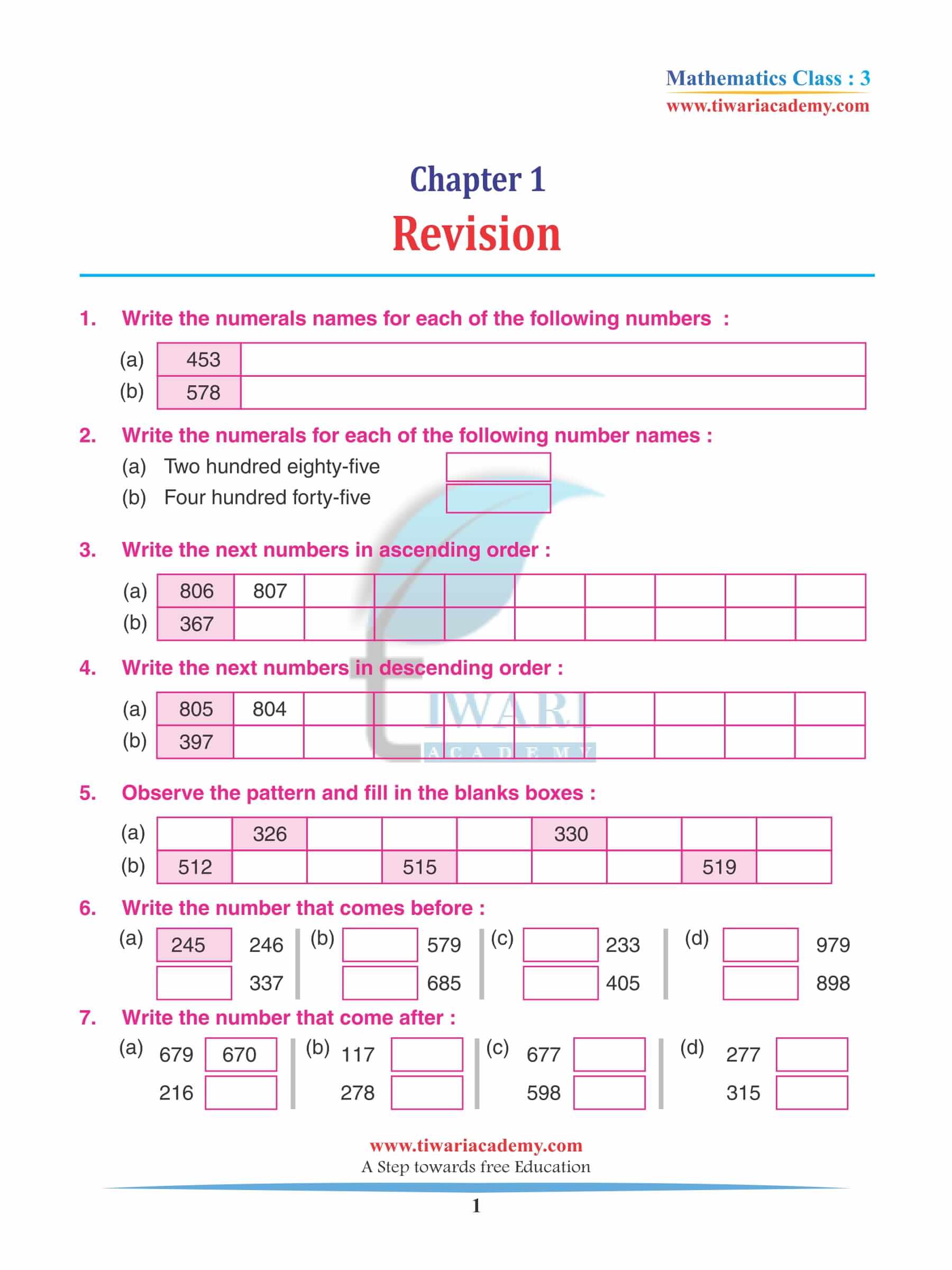 Class 3 Maths Chapter 1 Revision Book