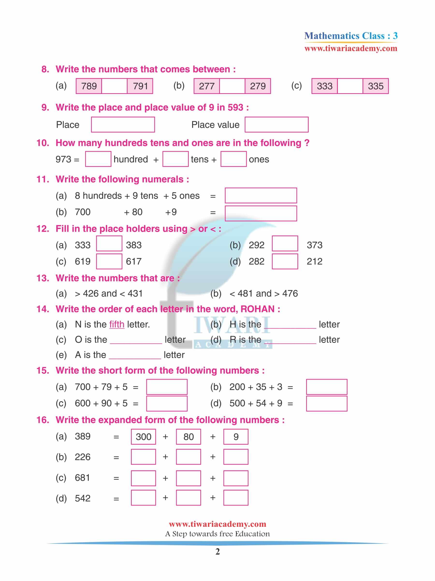 Class 3 Maths Chapter 1 Revision Question answers