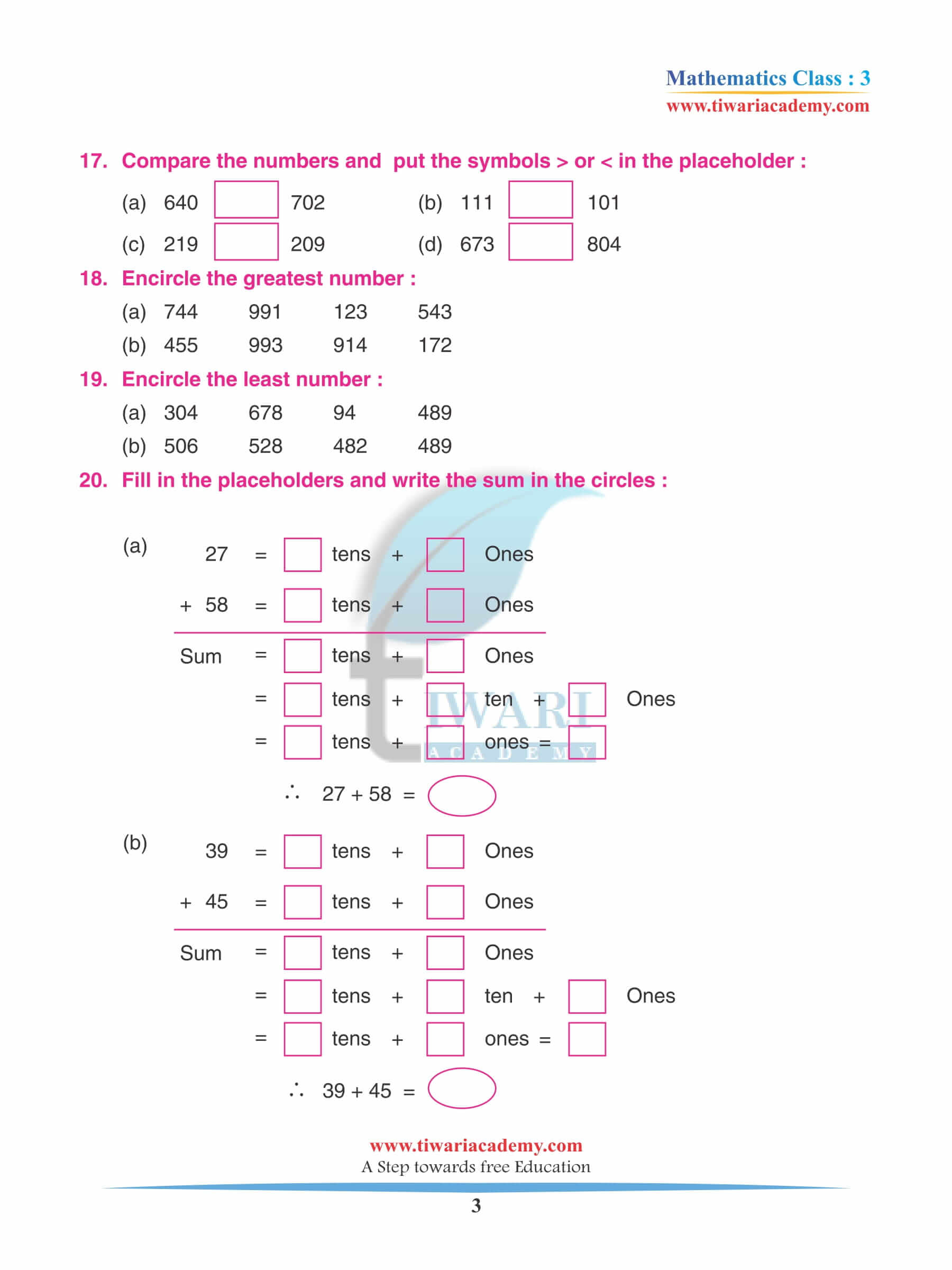 Class 3 Maths Chapter 1 Revision Assignments