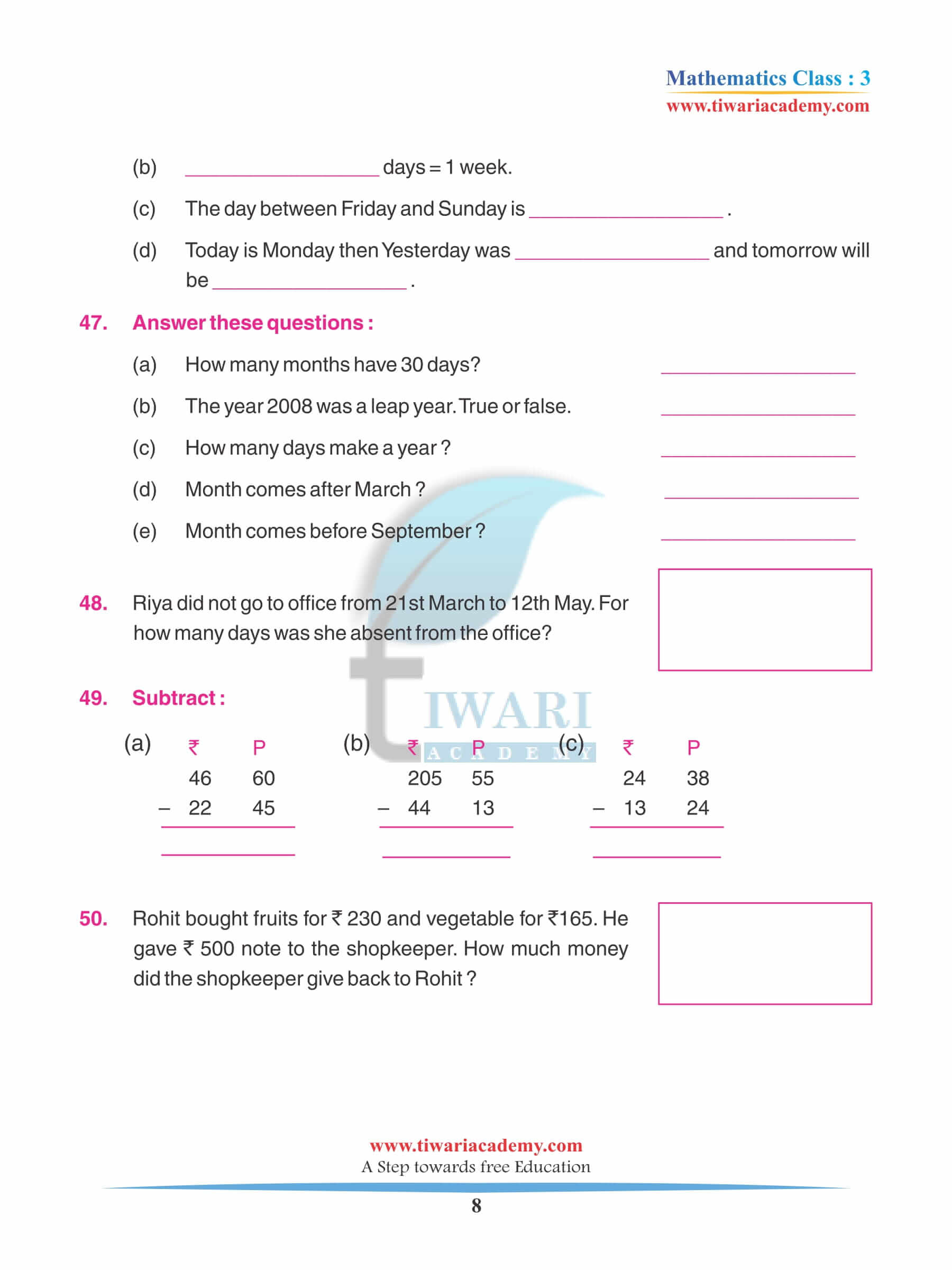 Class 3 Maths Chapter 1 Worksheets