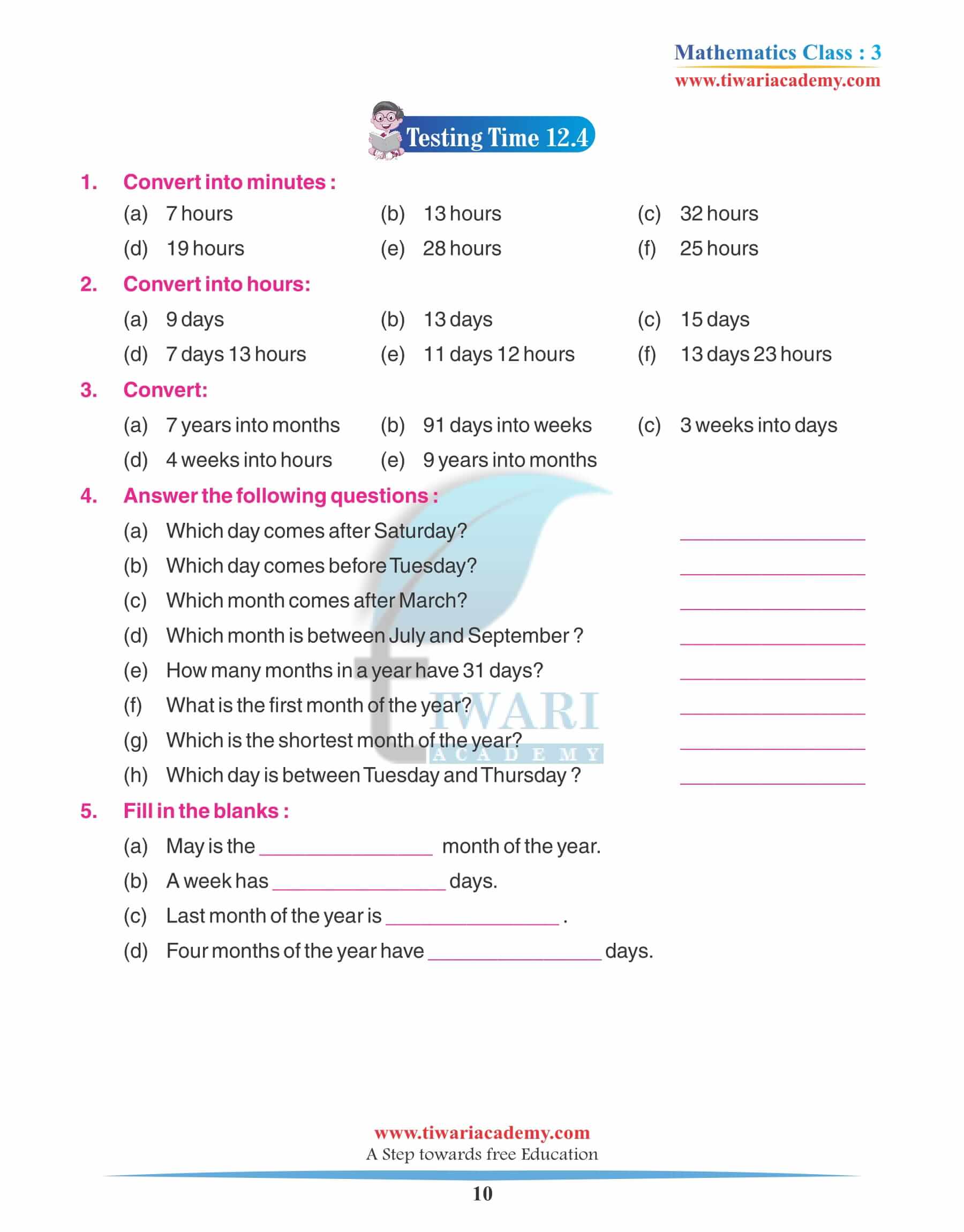 Class 3 Maths Chapter 12 Practice Fill in the Blanks