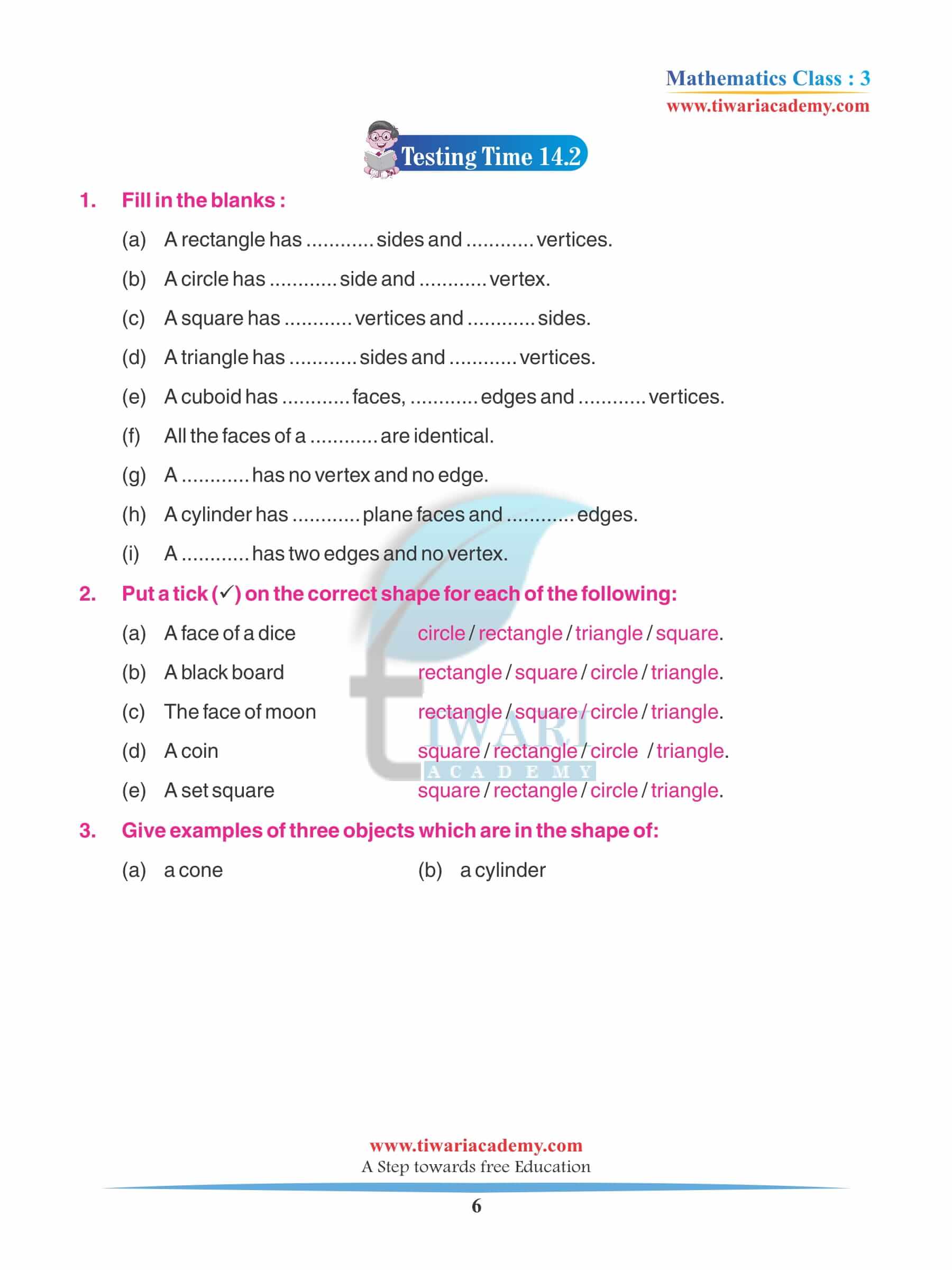 Class 3 Maths Chapter 14 Practice book solutions