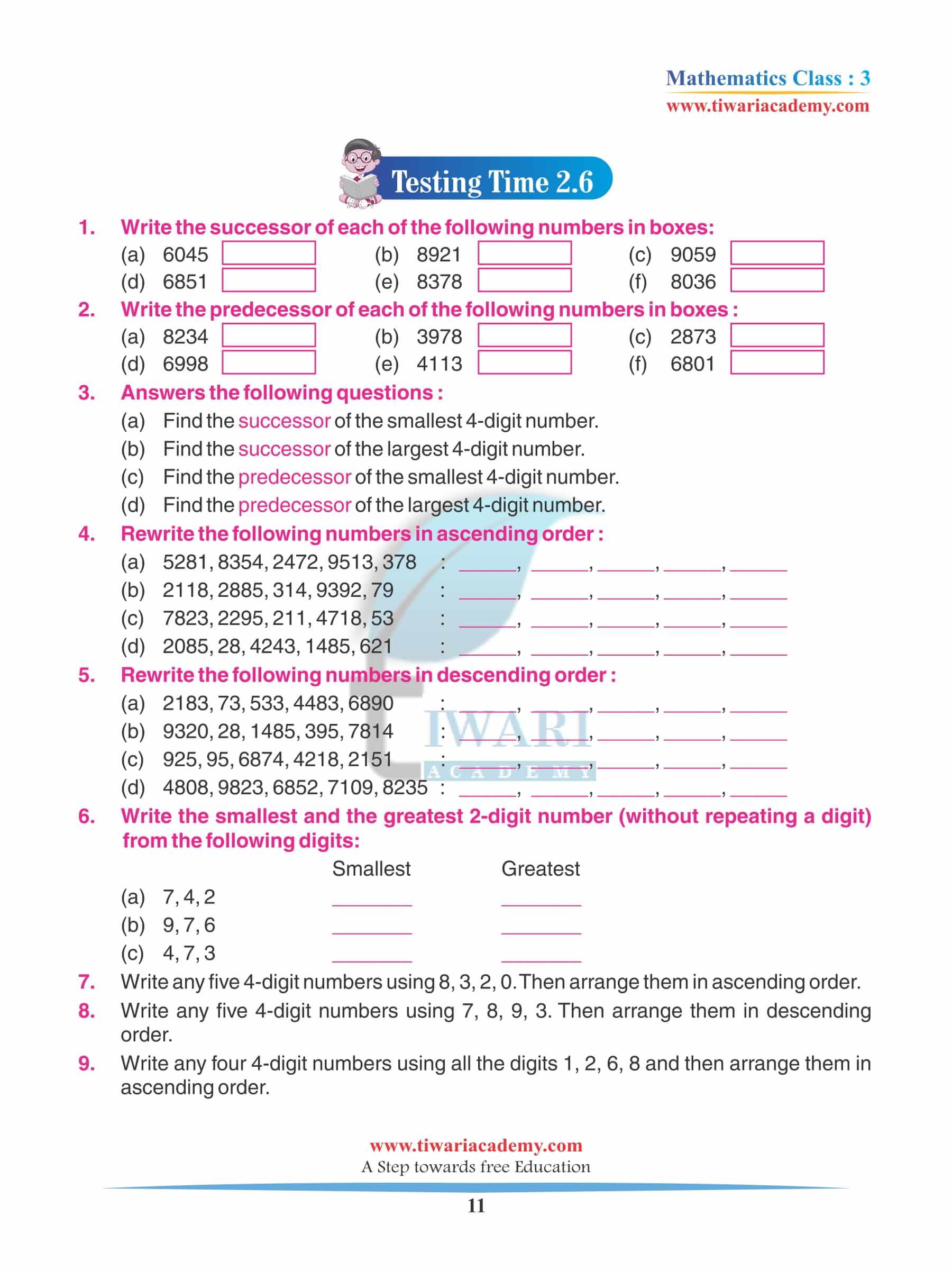 Class 3 Maths Chapter 2 Practice question answers