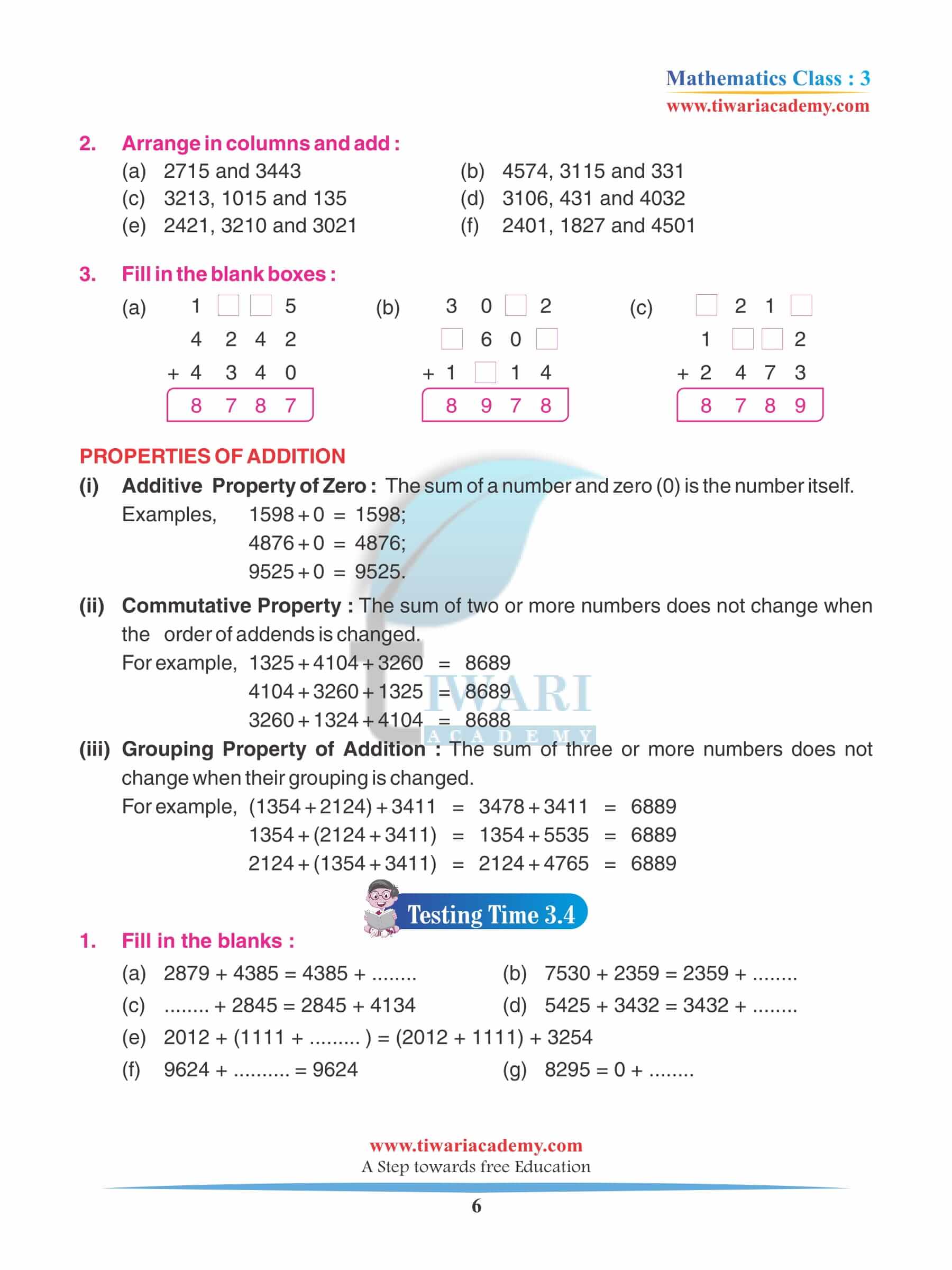 Class 3 Maths Chapter 3 Practice Book assignments