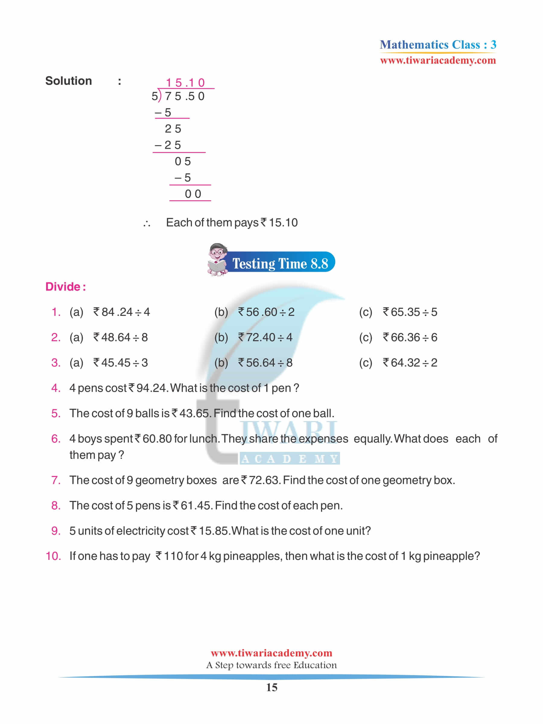 Class 3 Maths Chapter 8 Preparation Exercises