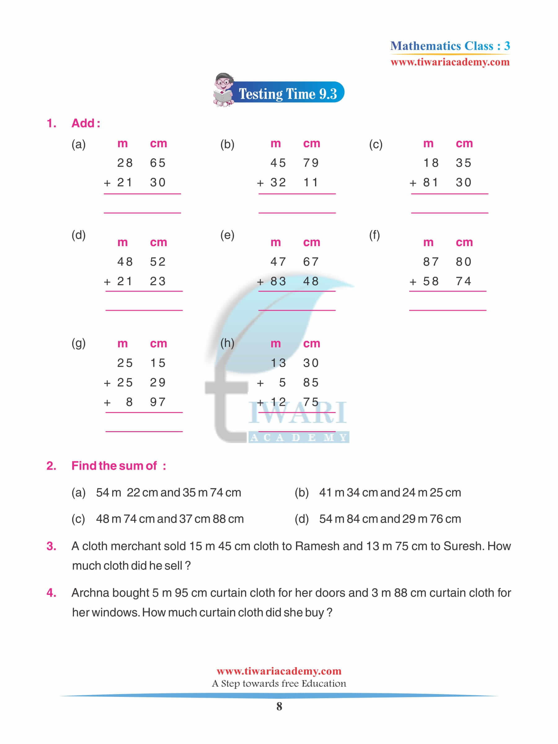 Class 3 Maths Chapter 9 Practice Question answers