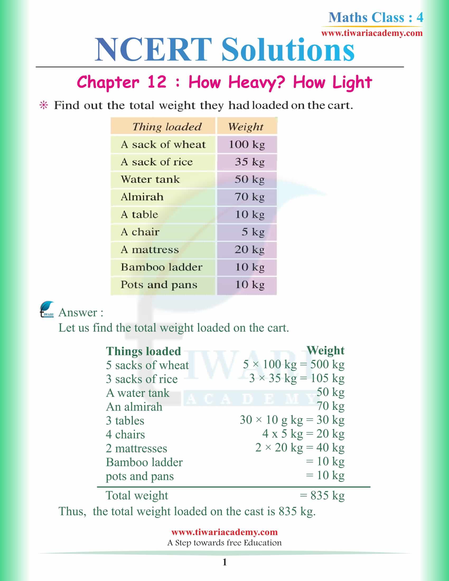 NCERT Solutions for Class 4 Maths Chapter 12 How Heavy? How Light?