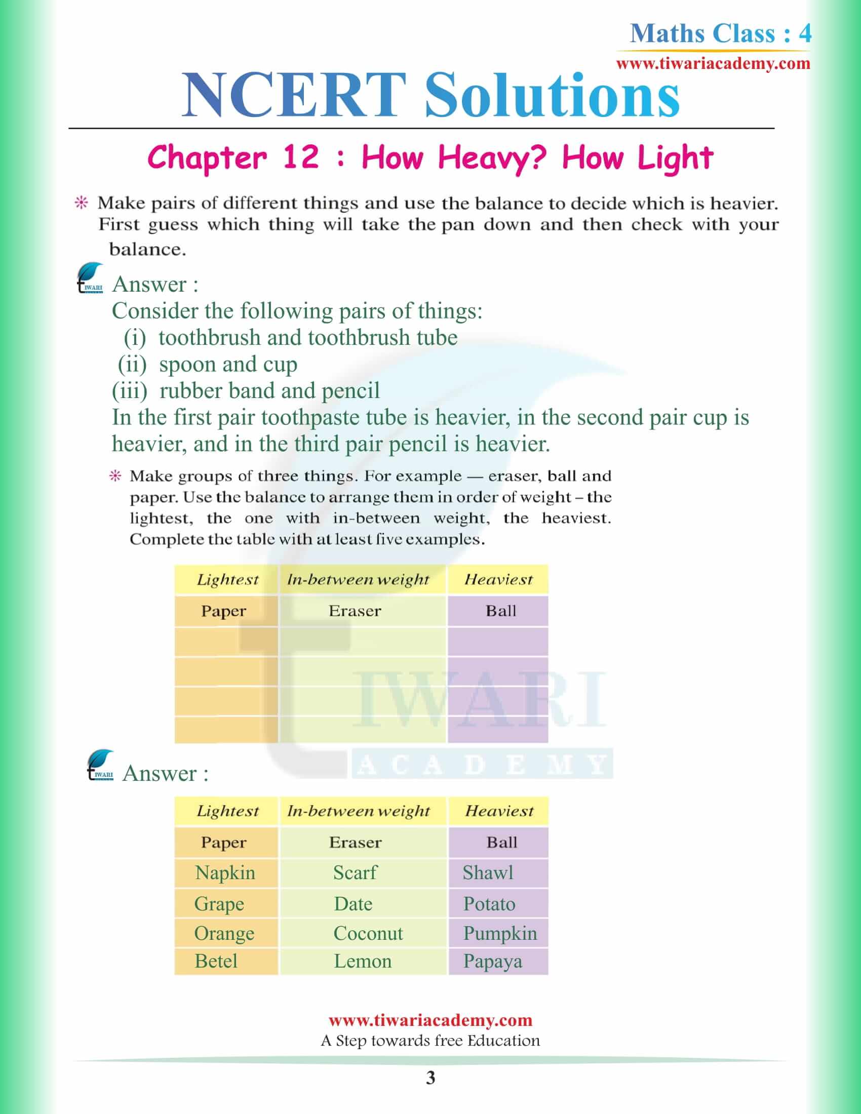 NCERT Solutions for Class 4 Maths Chapter 12 in PDF