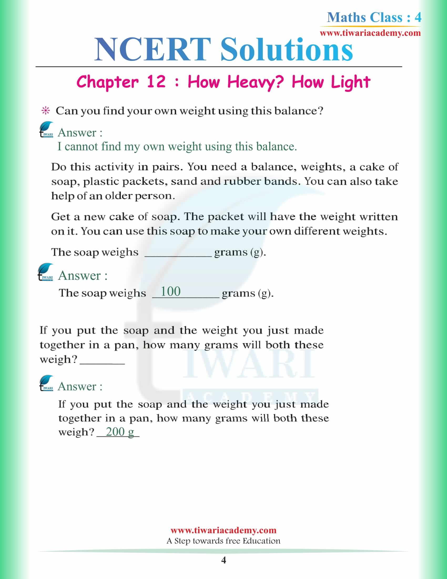 NCERT Solutions for Class 4 Maths Chapter 12 in English Medium