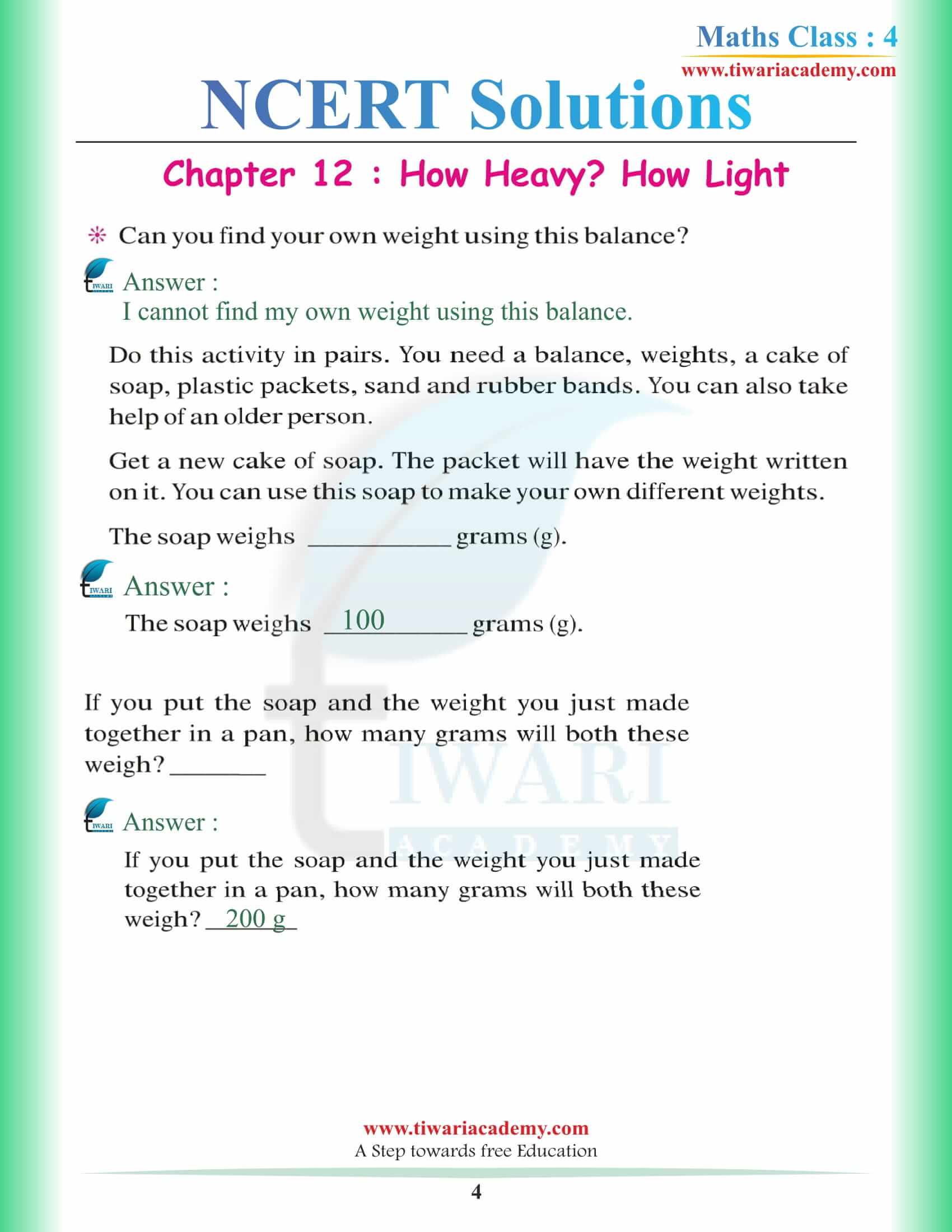 NCERT Solutions for Class 4 Maths Chapter 12 in English Medium
