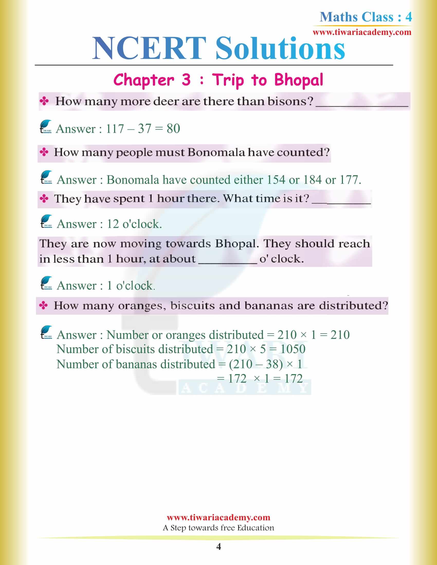 NCERT Solutions for Class 4 Maths Chapter 3 in English Medium