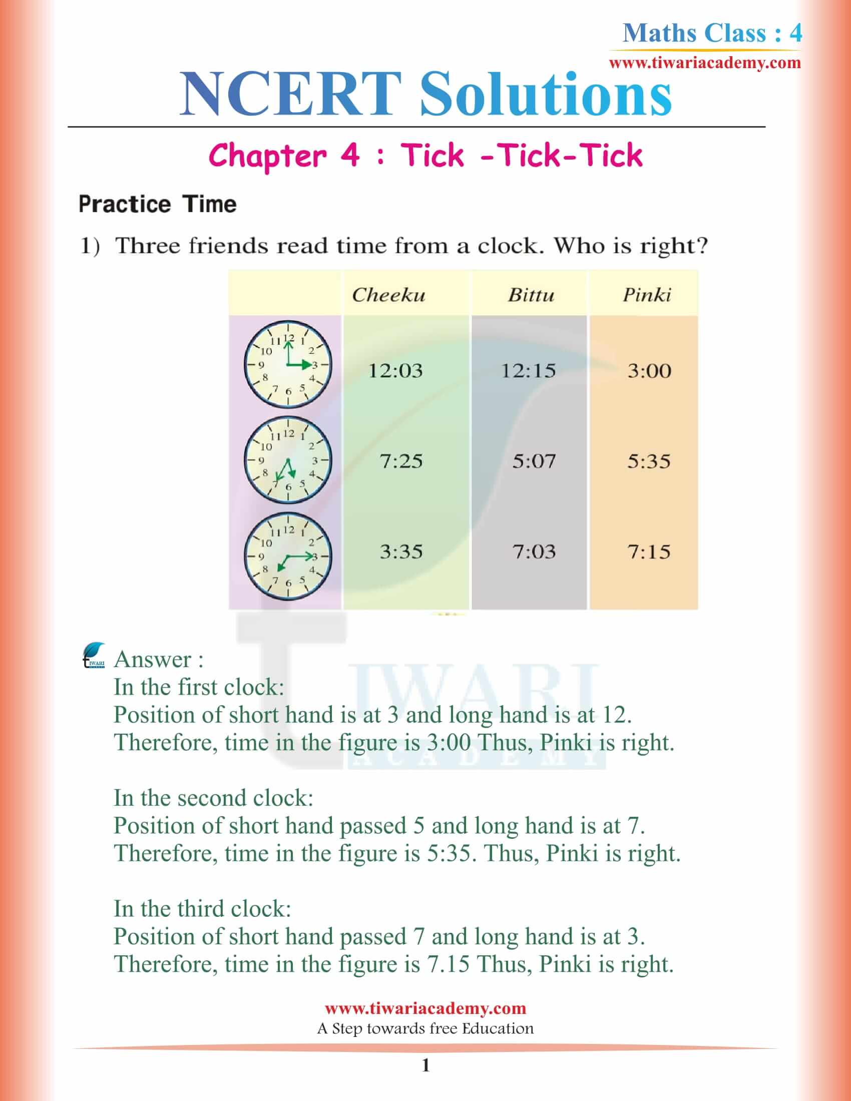 NCERT Solutions for Class 4 Maths Chapter 4 Tick-Tick-Tick