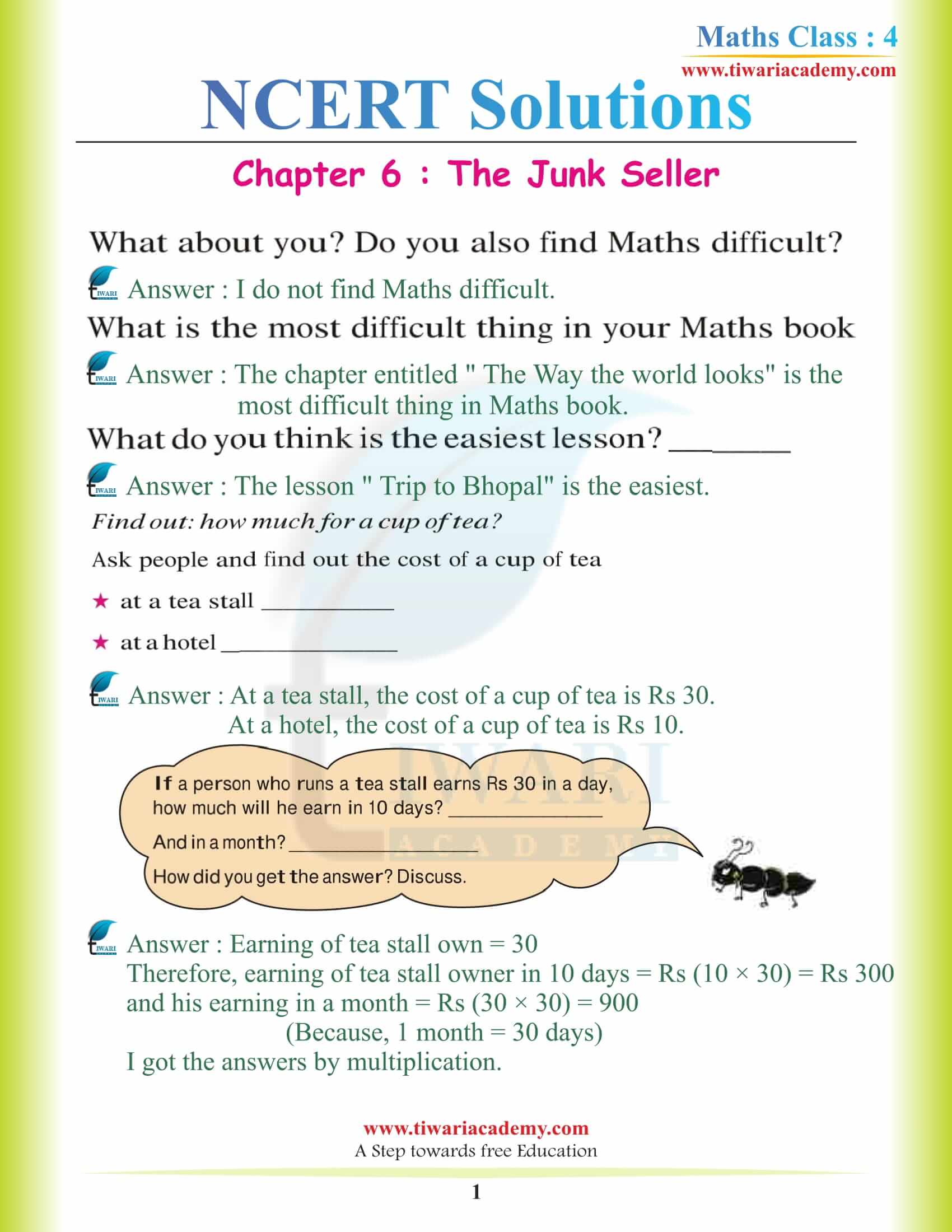 NCERT Solutions for Class 4 Maths Chapter 6 The Junk Seller