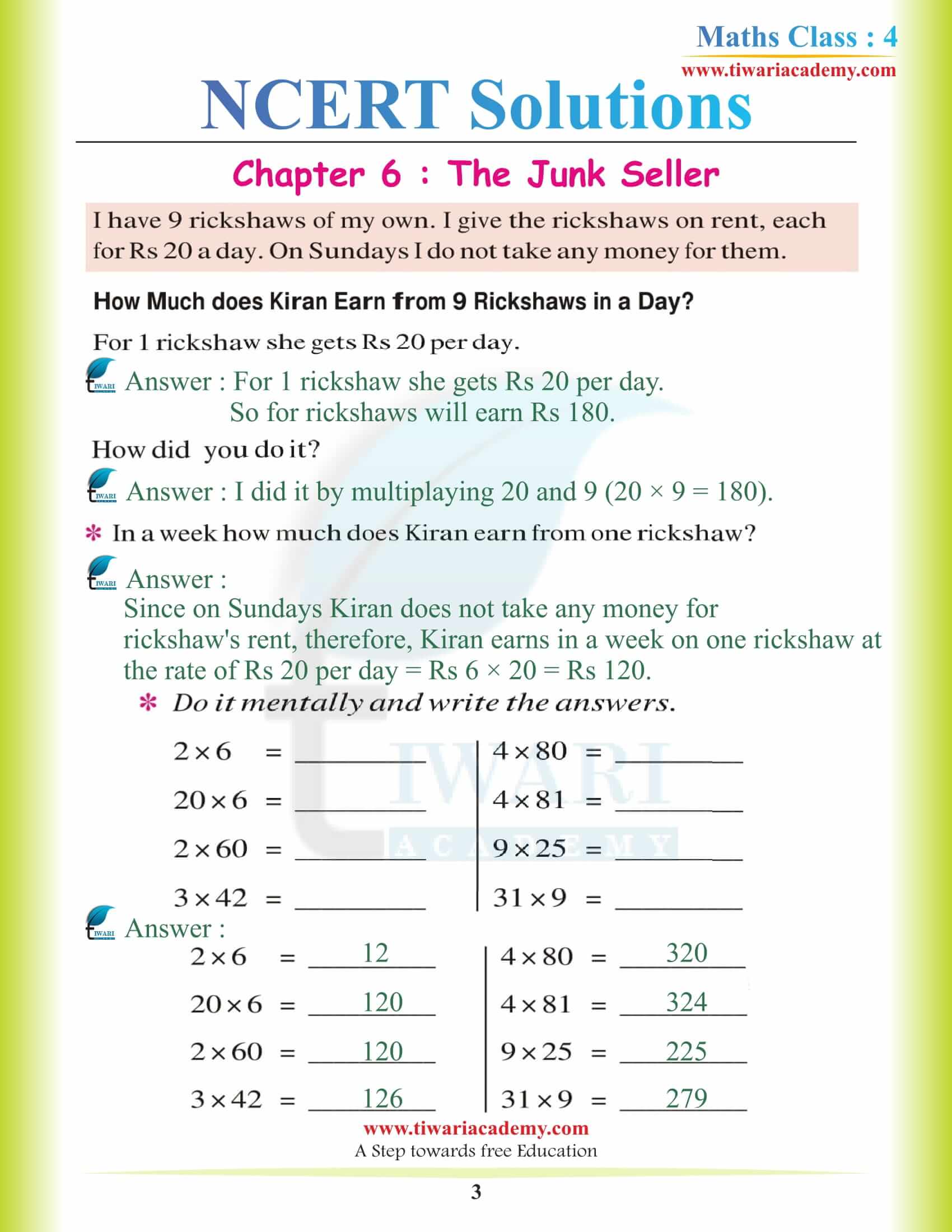 NCERT Solutions for Class 4 Maths Chapter 6 in PDF