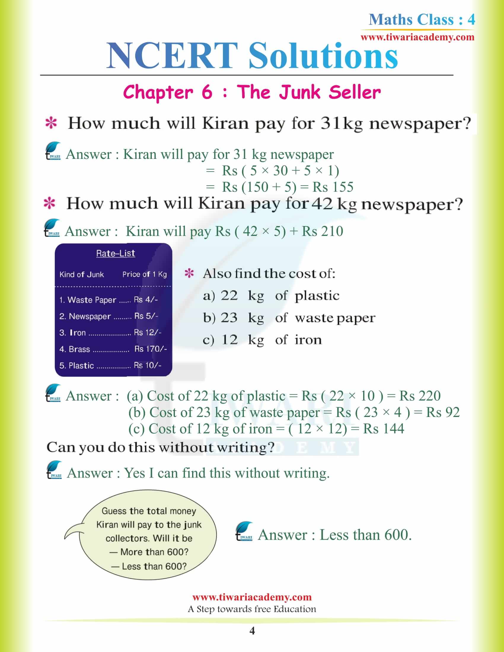 NCERT Solutions for Class 4 Maths Chapter 6 pdf free